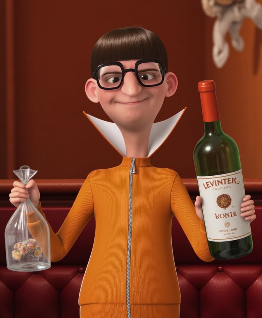 TOKVECDESPICTOR, holding a plastic bag in one hand and a wine bottle in the other hand