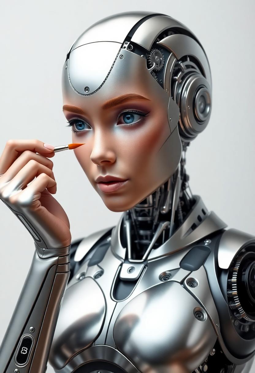 A hyper-realistic female robot with a sleek, polished metallic exterior, featuring intricate gears and circuits beneath (transparent 2.3) panels. The robot’s limbs and torso exhibit a high level of detail, conveying a sense of advanced technology and precision engineering.  She is painting a human face on her robot face, using a paintbrush.  She is just adding the eyebrows