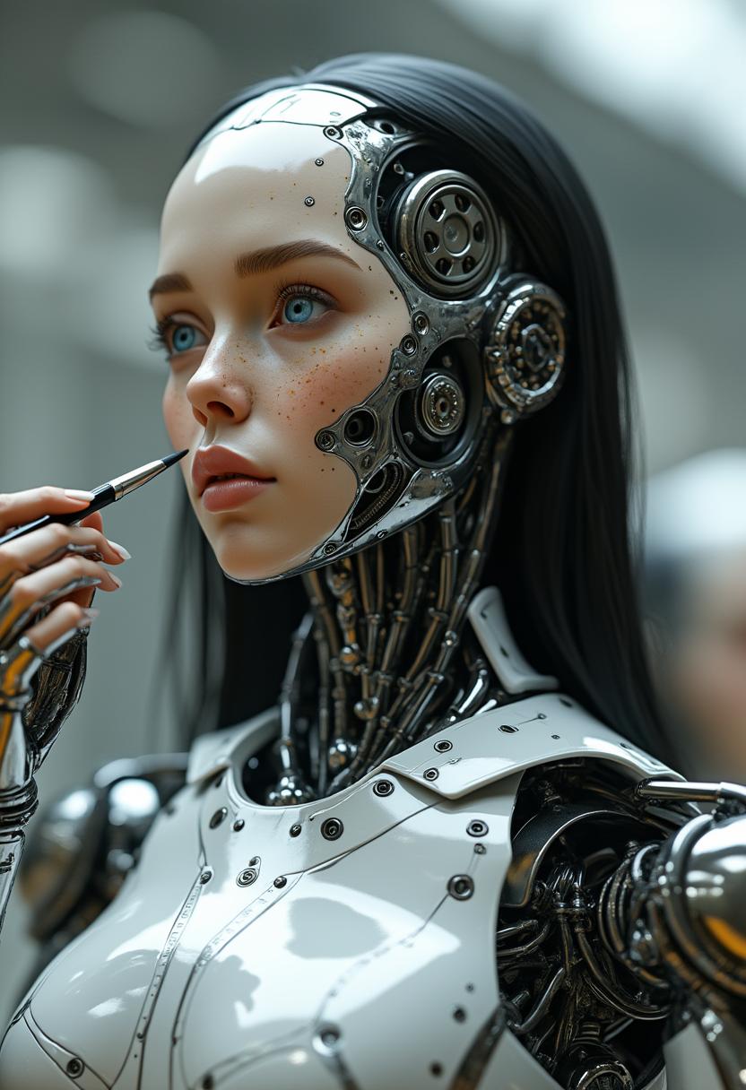 A hyper-realistic female robot with a sleek, polished metallic exterior,  long black straight hair, blue eyes, freckles, featuring intricate gears and circuits beneath (transparent 2.3) panels. The robot’s limbs and torso exhibit a high level of detail, conveying a sense of advanced technology and precision engineering.  She is painting a human face on her robot face, using a paintbrush.  She is just adding the eyebrows