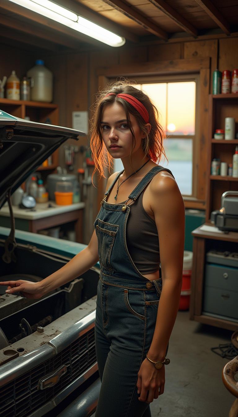 In a small-town garage, a young woman with grease-streaked hands leans over the open hood of a vintage car. She’s dressed in worn, faded overalls and a dark tank top, with a red bandana tied around her head to keep her short, messy hair out of her face. A single fluorescent light above casts a stark, warm glow, highlighting the sweat on her brow and the determined look in her eyes. The garage is cluttered but organized in its own way—tools hanging neatly on the walls, shelves stacked with oil cans, rags, and car parts. The air smells of gasoline, metal, and rubber. On a nearby workbench, a radio softly plays classic rock, blending with the occasional clink of tools and the hum of the engine she’s working on. Outside, the sun is beginning to set, casting a warm orange glow across the cracked pavement of the garage’s driveway. The scene feels raw and real, capturing the beauty of a moment steeped in grit, focus, and pride in her work. detailmaximizer, mythp0rt, ne0nfant4sy, drkfnts, hkmagic 