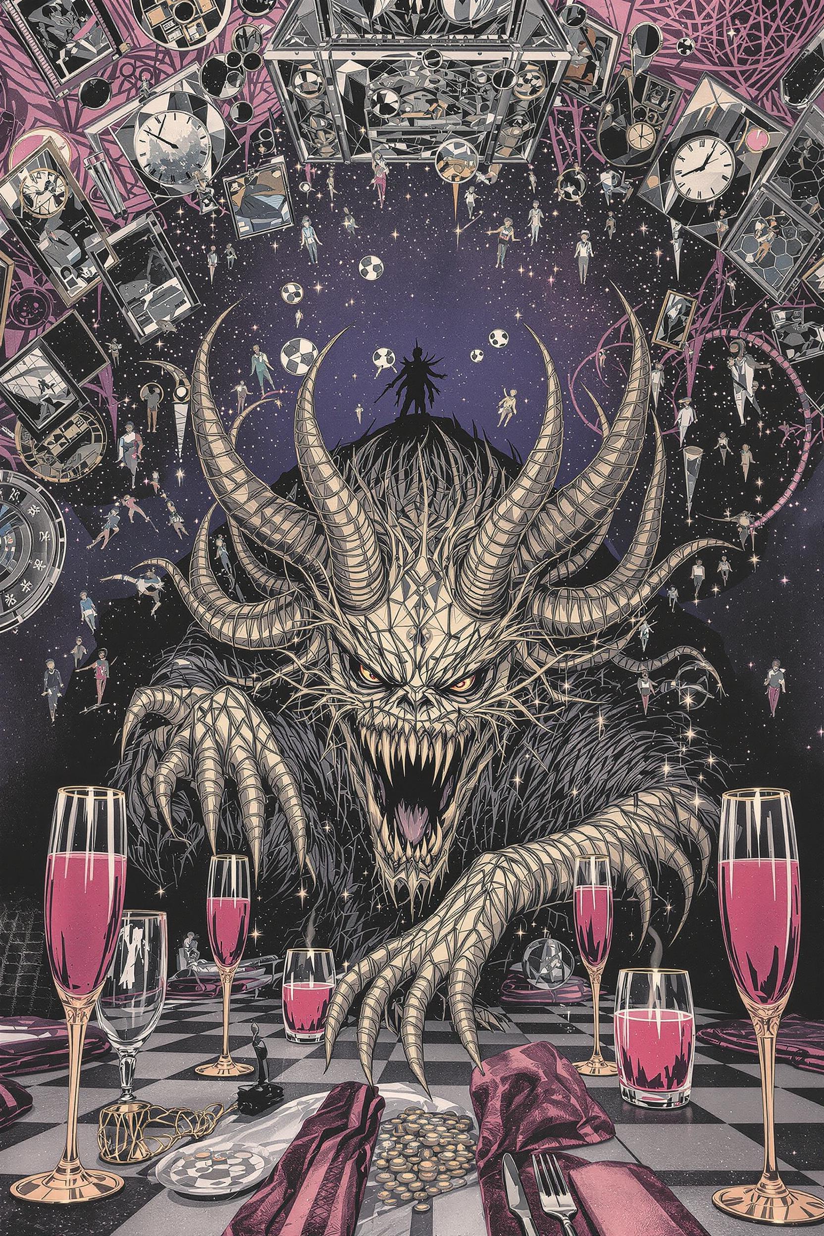 Mirrors on the ceiling, the pink champagne on ice
And she said, "We are all just prisoners here of our own device"
And in the master's chambers, they gathered for the feast
They stab it with their steely knives, but they just can't kill the beast