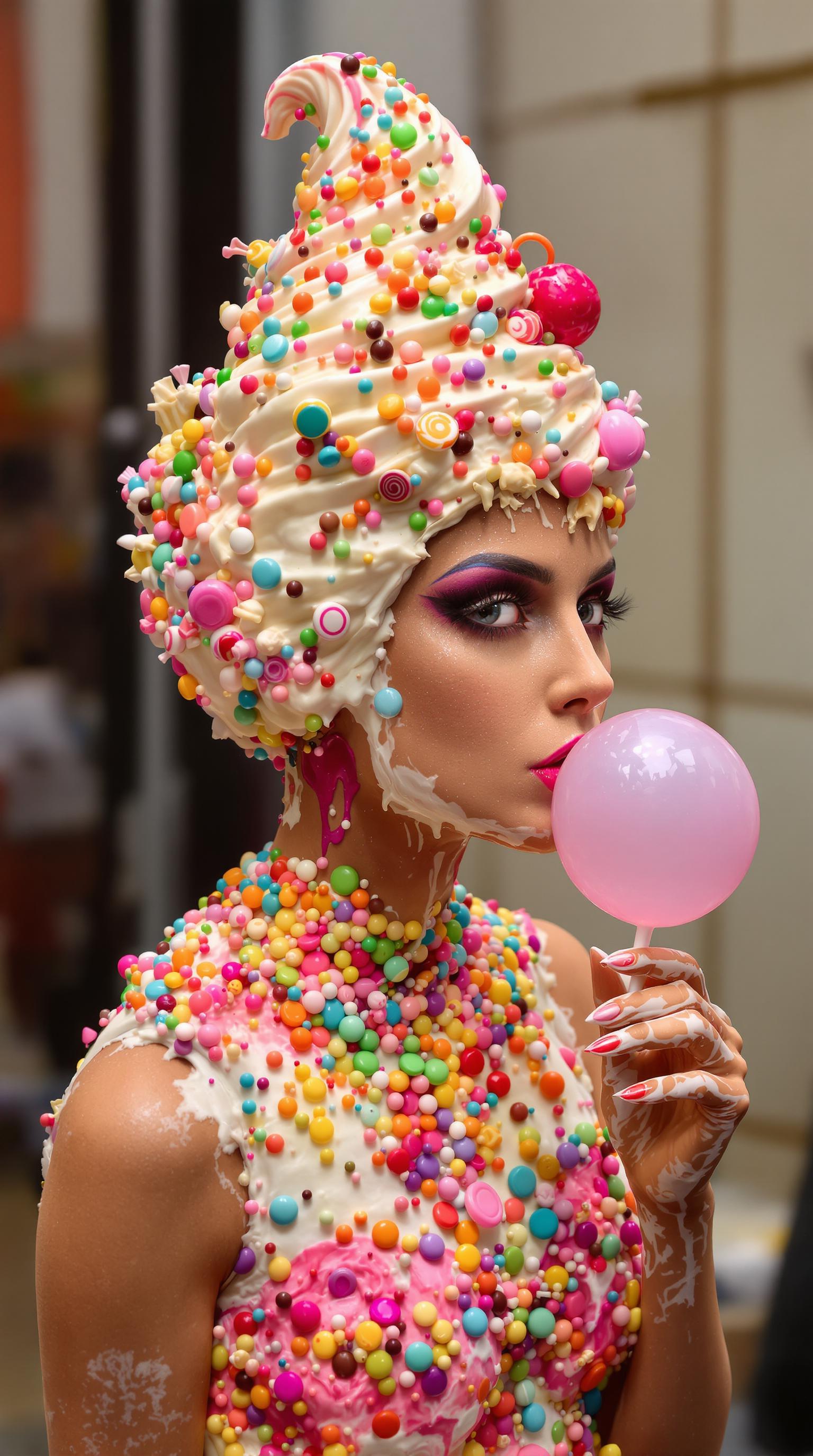 beautiful lady made of an ice cream , her body , face and head texture is an ice cream her head covered in candies and lolipops,blows a gum bubble,  aesthetic picture without artifacts 