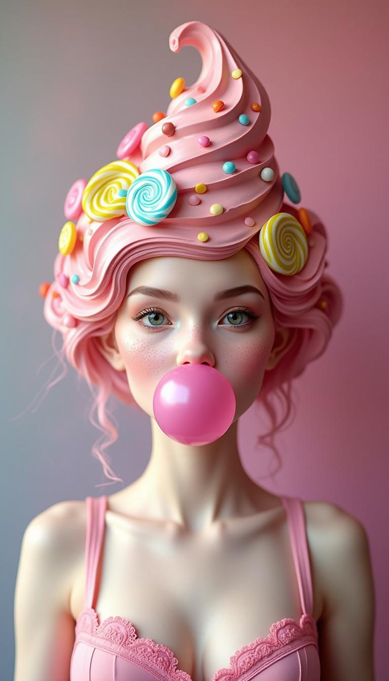 beautiful lady made of an ice cream , her body , face and head texture is an ice cream her head covered in candies and lolipops,blows a gum bubble,  aesthetic picture without artifacts  