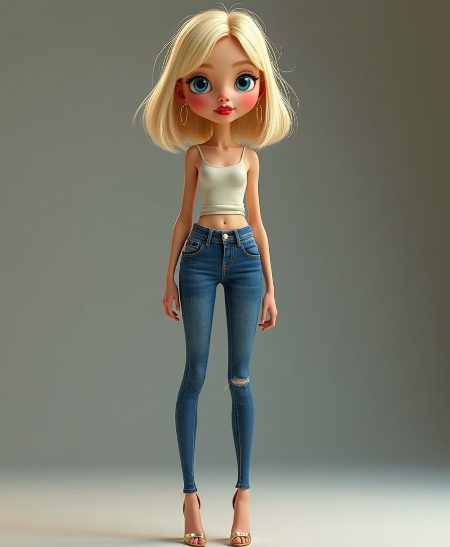 Pixar Style, 8k, high resolution, professional full-length body portrait photograph of a blonde french bob with full bangs hairstyle, skinny fashion model with a girl's face, red plump lips, big blue eyes, freckles on the face, wearing high heels stilettos, big hoop large size earrings, and blue skinny jeans.