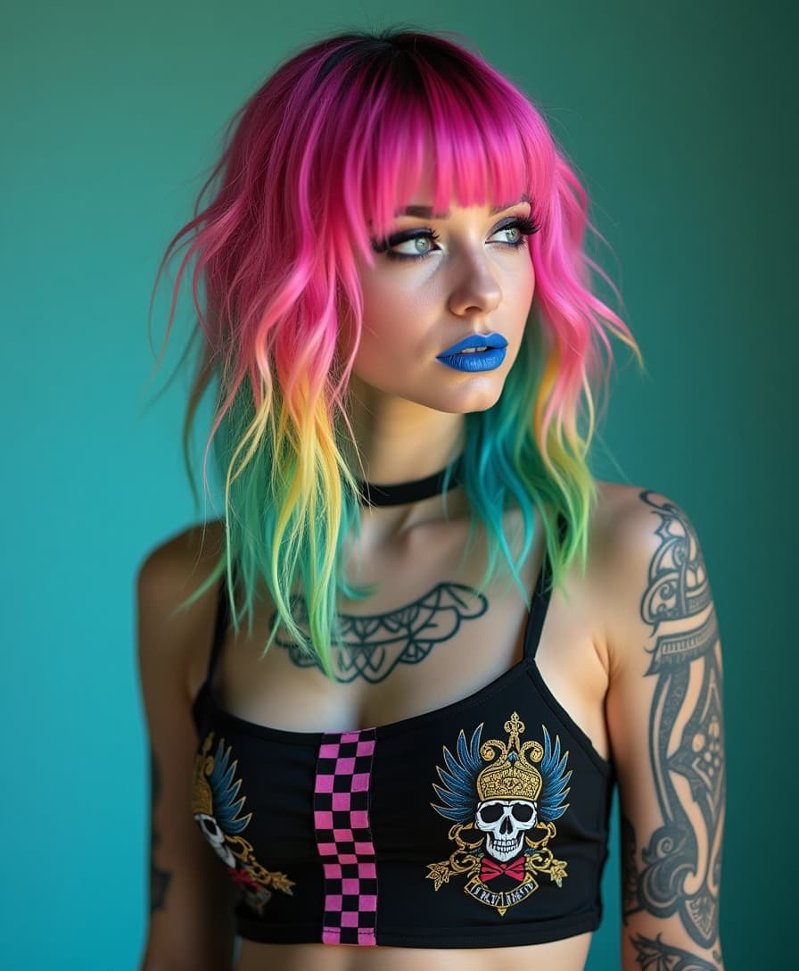 A half-body portrait of a 24-year-old alternative fashion model, showcasing vibrant rainbow hair styled in an edgy undercut with long, flowing sides. The hair features a stunning gradient from hot pink to electric blue to neon green. Her dramatic makeup includes bold blue lipstick and sharp winged eyeliner, enhancing her striking features. She wears a black crop top adorned with a checkered pattern and skull design. Her visible arm tattoos, featuring intricate ancient ornaments, add to her unique style and cultural depth. The scene is illuminated by studio lighting, with a soft bokeh background that enhances the ultra-detailed fashion photography aesthetic, capturing the essence of contemporary alternative fashion in stunning 8K quality.
