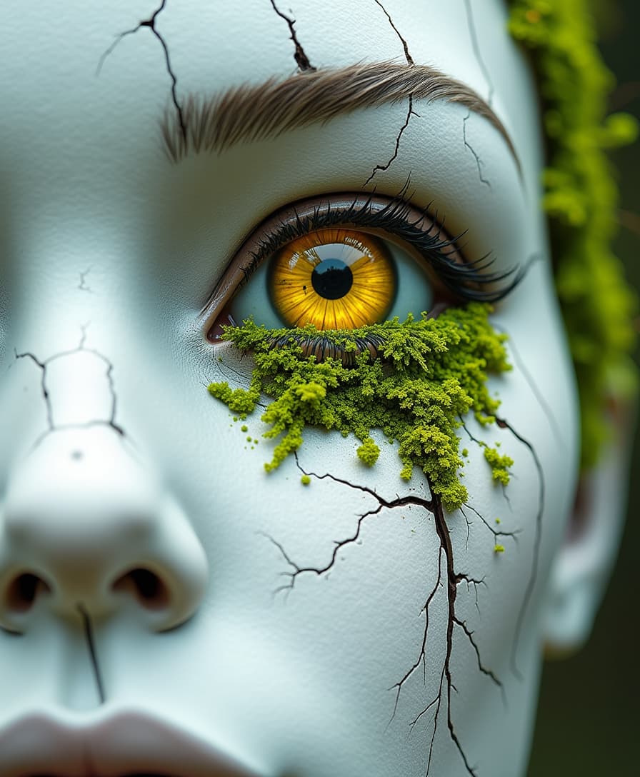 A close-up of a white android face, featuring paint that is cracking and peeling in patches. Delicate fissures crisscross the surface, adding a sense of age and wear. The eye is a vivid yellow, resembling a camera lens, with intricate details that draw the viewer in. Surrounding the eye, vibrant green moss clings to the skin, creating a striking contrast between the mechanical and the organic. The overall composition evokes a haunting beauty, blending elements of technology and nature.
