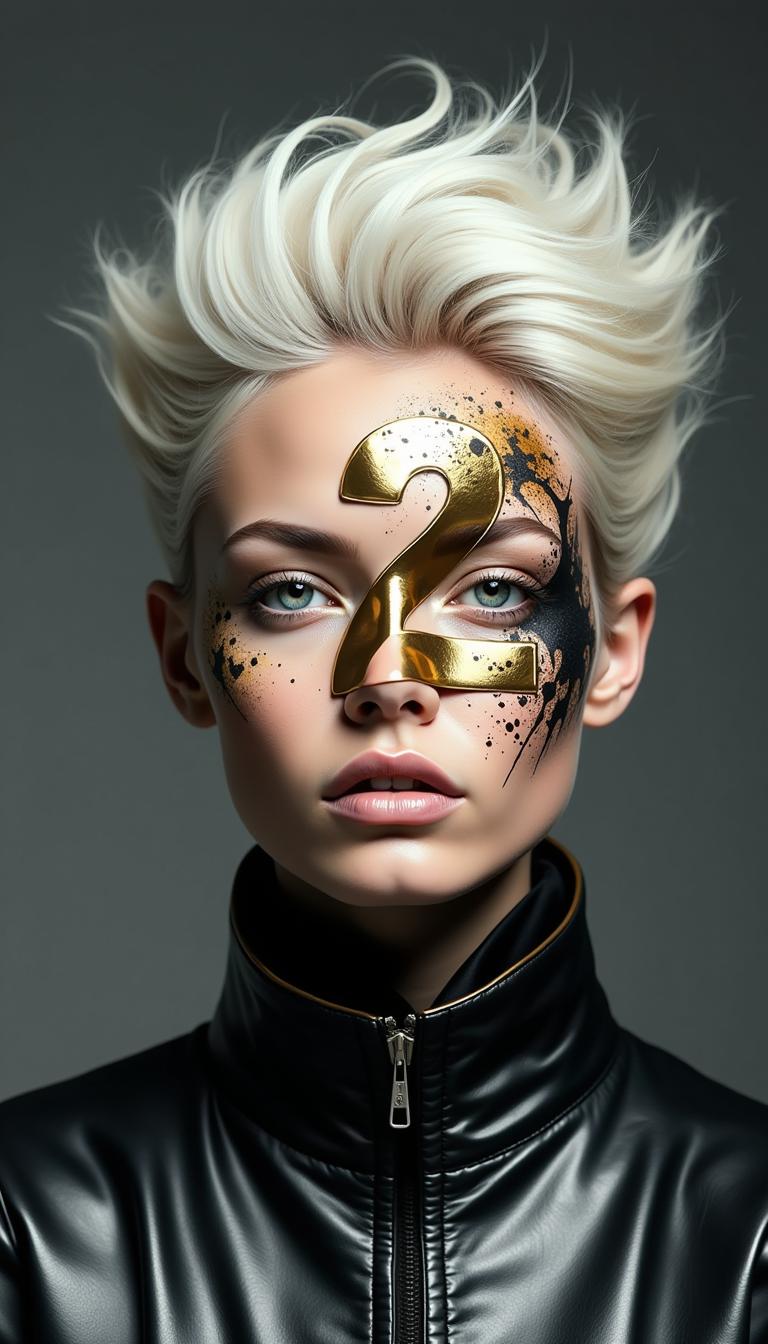 By Tom Nulens. A digitally manipulated photograph of a young woman with a striking, avant-garde style. The woman has platinum blonde hair styled into a voluminous, spiky updo with various splashes of black paint and gold splatters, creating a dramatic, almost abstract effect. Her face is partially obscured by the large, bold number "2" in a metallic gold color, which is overlaid on her forehead and hair, giving a futuristic and modern appearance. 
She is dressed in a dark, metallic leather jacket with a high collar, adding to the edgy, futuristic aesthetic. The background is a gradient of dark gray tones, which helps to emphasize the gold splatters and the subject's face. The overall style is modern and artistic, blending elements of high fashion and digital manipulation. The texture of the woman's hair is smooth and glossy, contrasting with the rough, splattered paint. 
The image is highly stylized, with a focus on bold, contrasting colors and textures, creating a visually striking and dynamic composition. The overall mood is modern and edgy, with a strong emphasis on fashion and artistic expression. 