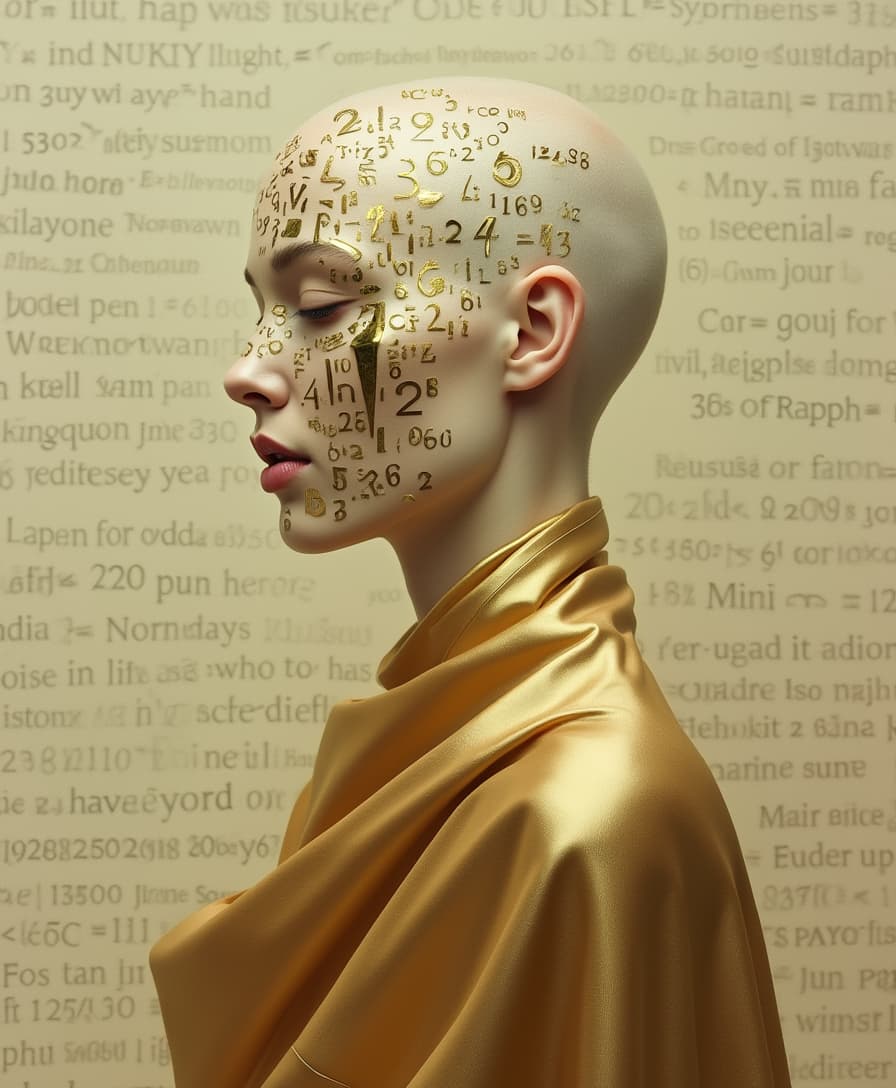 By Tom Nulens. This is a high-resolution, digitally manipulated photograph featuring a stylized portrait of a woman. The image is set against a soft, beige background with subtle, faded text in a script-like font. The woman's face is adorned with a surreal, abstract overlay of mathematical symbols, such as numbers and letters, which appear to be made of a metallic, gold material. The overlay is dynamic, with some symbols appearing to flow and merge into the background, creating a sense of movement and depth.
Her skin is a pale, creamy tone, and her hair is completely bald, emphasizing the contrast with the metallic overlay. The woman is wearing a flowing, golden garment that drapes elegantly over her shoulders and down her back, adding to the ethereal, otherworldly atmosphere of the image. The fabric has a smooth, glossy texture, reflecting light and adding a shimmering effect.
Her profile is the focus of the image, with her head turned slightly to the left, giving a sense of contemplation and introspection. The overall style of the photograph is avant-garde, blending elements of surrealism and digital art, with a focus on abstract expressionism and the interplay between human form and mathematical symbolism. 