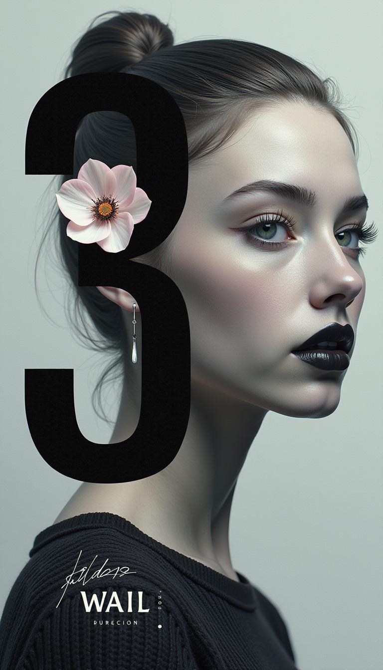 By Tom Nulens. A high-resolution, digital art portrait of a young woman with an ethereal, almost surrealistic style. The woman's face is the central focus, with a striking expression of calm and contemplation. Her skin is smooth and flawless, and her lips are painted a deep, glossy black. She has large, expressive eyes with long, dark eyelashes, and her hair is styled in a sleek, high ponytail. 
The background is a gradient of light to dark gray, adding a sense of depth and dimension. The most striking aspect of the image is the use of large, bold, black numbers "35" that form the outline of her head. These numbers are intricately designed with flowers and petals, creating a harmonious blend of digital art and nature. The flowers are detailed, with petals in various stages of bloom, adding a tactile quality to the otherwise smooth, digital elements.
The overall composition is balanced and symmetrical, with the woman's face centered within the "35" shape. The contrast between the dark, bold numbers and the delicate, light-toned flowers creates a striking visual impact. This image combines elements of modern art, digital illustration, and floral design, resulting in a visually captivating and unique artwork. 