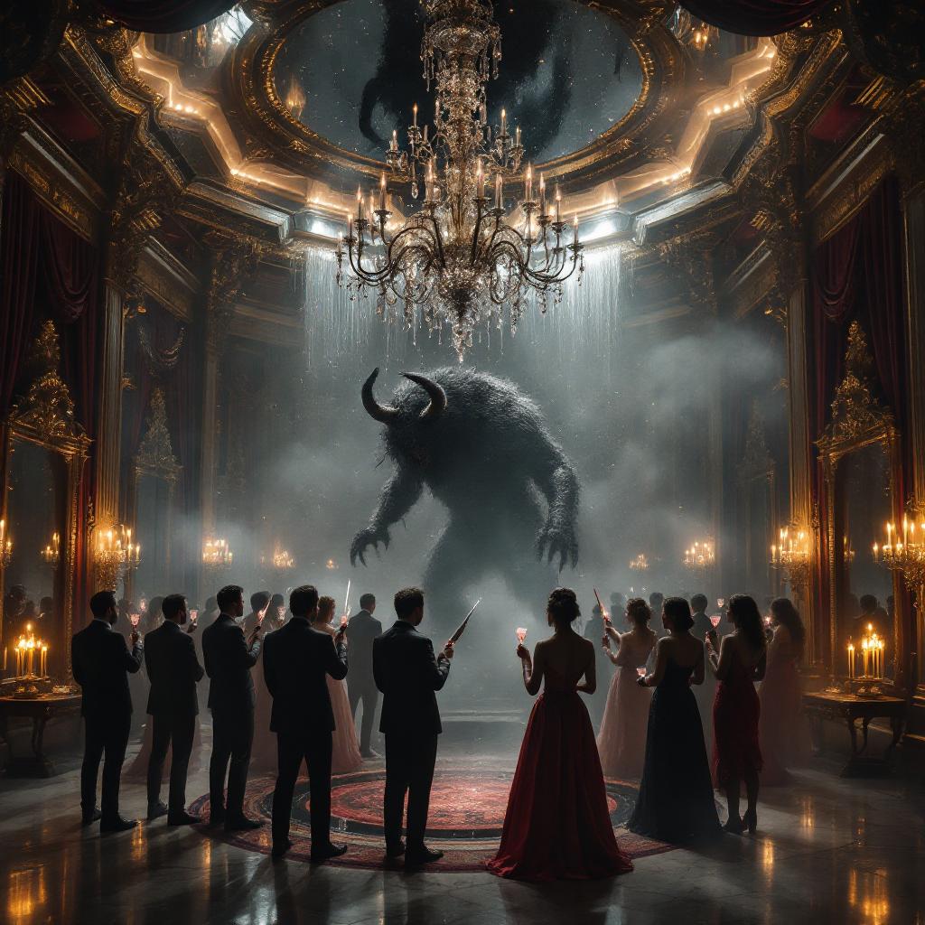In the grand ballroom of a baroque mansion, **mirrors cover the ceiling**, reflecting the opulent scene below where **pink champagne** sits elegantly on ice in crystal flutes. The atmosphere is thick with the scent of decadence and the soft glow of **candlelight** illuminates the room, casting a warm, yet eerie light on the attendees.   A group of men and women in formal attire stand around a pit in the floor, holding knives in their hands. A great beast, a monster with horns, rises from the pit.

**Visual Details:** The walls are adorned with rich, velvet drapes in deep reds and golds, with ornate gold leaf frames surrounding the mirrors. The floor is a polished marble, its reflective surface adding to the surreal, mirrored effect. A chandelier, dripping with crystals, hangs low, its light refracting into a thousand points of light.

**Style:** This scene is reminiscent of a **Rococo** painting, with its lavish, over-the-top decor, yet there's a subtle hint of **Surrealism** in the way the mirrors distort reality, creating an atmosphere of both luxury and unease.

**Composition:** The camera is positioned at a slight low angle, capturing the grandeur of the room but also emphasizing the height of the ceiling, where the mirrors and chandelier dominate. In the foreground, a long banquet table stretches, laden with exotic fruits, silverware, and the untouched feast, where **attendees** in period attire are gathered, their faces a mix of anticipation and ennui.

**Mood and Atmosphere:** The mood is one of **decadent melancholy**, a feast in full swing yet with an underlying tension. The atmosphere is charged with the electric feeling of a **storm brewing**, the air heavy with the unspoken realization that they are all "prisoners here of their own device."

**Technical Aspects:** Use a **soft focus** to blur the edges of the scene, enhancing the dream-like quality. Employ **chiaroscuro** lighting to create dramatic contrasts between light and dark, highlighting the emotional turmoil of the feast. 

**Cohesion:** The mirrored ceiling reflects the gathering below, symbolizing the cyclical nature of their predicament, where they gather to 'feast' on their own illusions, unable to escape their own creation.