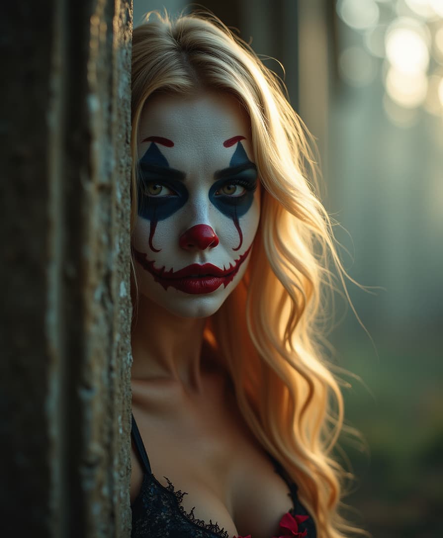close up of a beautiful sexy blonde looking around the corner of a an old church, make up like a scary clown, foggy creepy scene, bright sun on her face, evil clown
