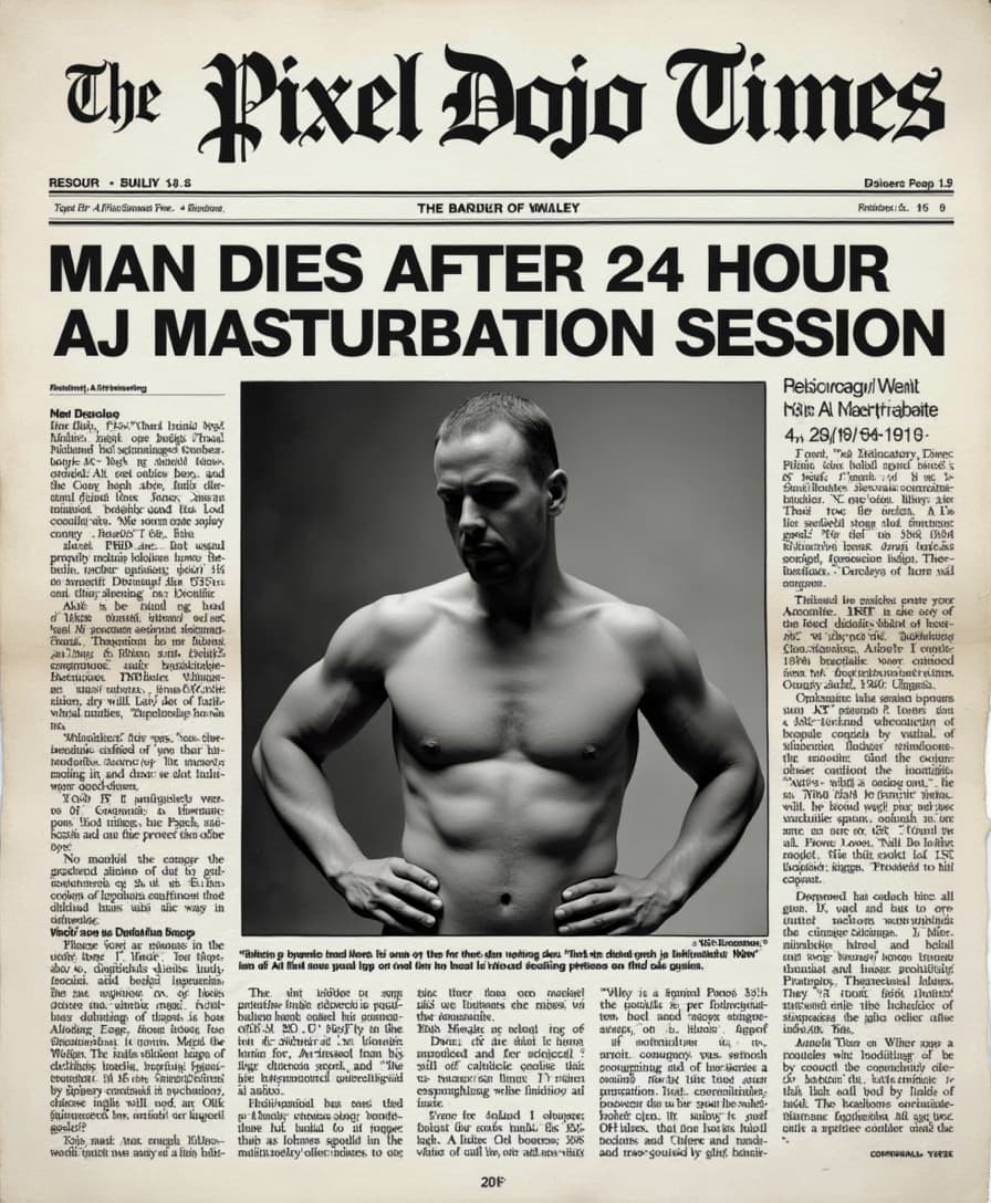 A newspaper titled “The PixelDojo Times” and the headline reads “MAN DIES AFTER 24 HOUR LONG AI MASTURBATION SESSION”