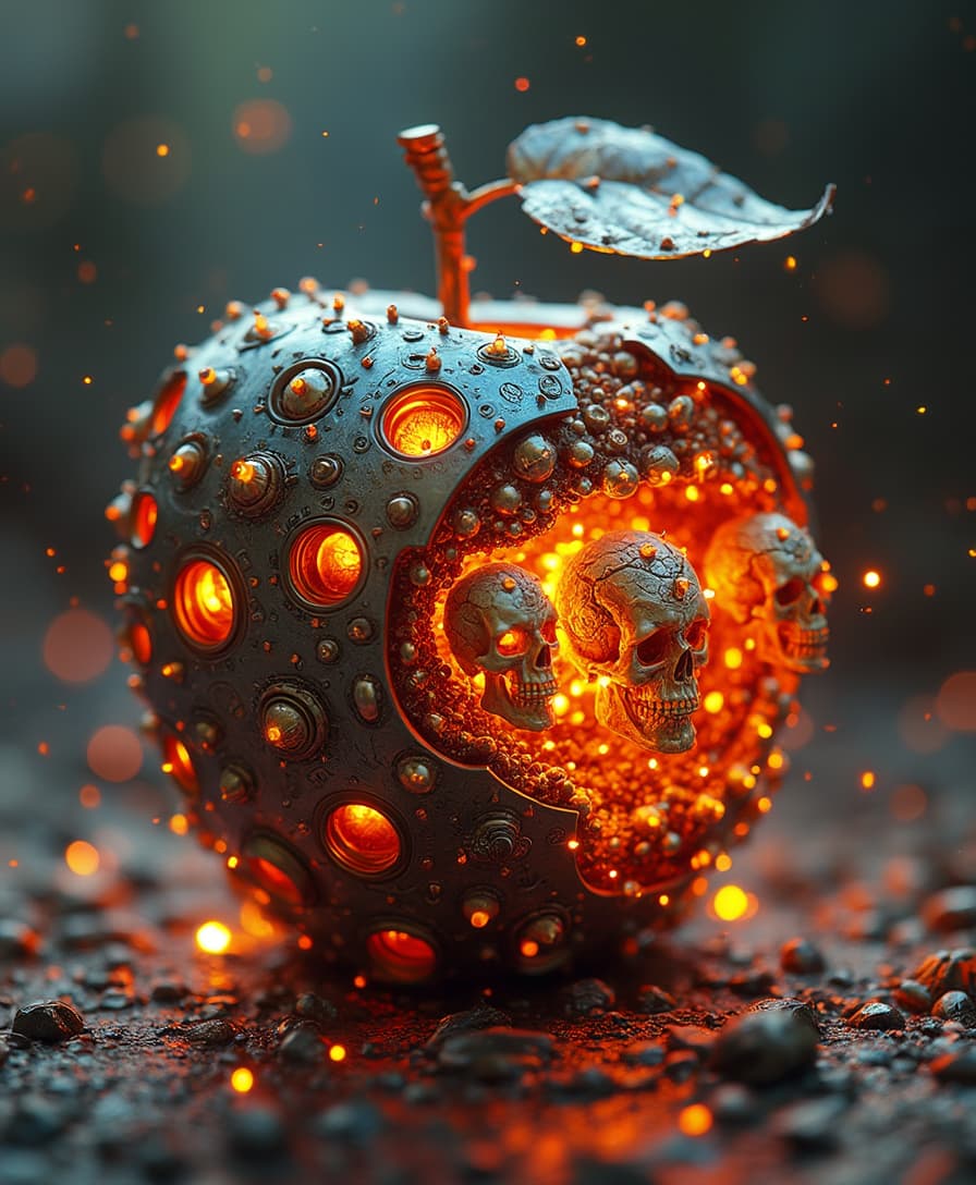 A mechanical apple with an abundance of sci-fi textures, complex details, and perfect design. It glows with shimmering light and has a transparent surface adorned with numerous strange little skulls. The beautiful environmental illusions surrounding the mechanical apple create a magical and stunning painting. Burn with fire