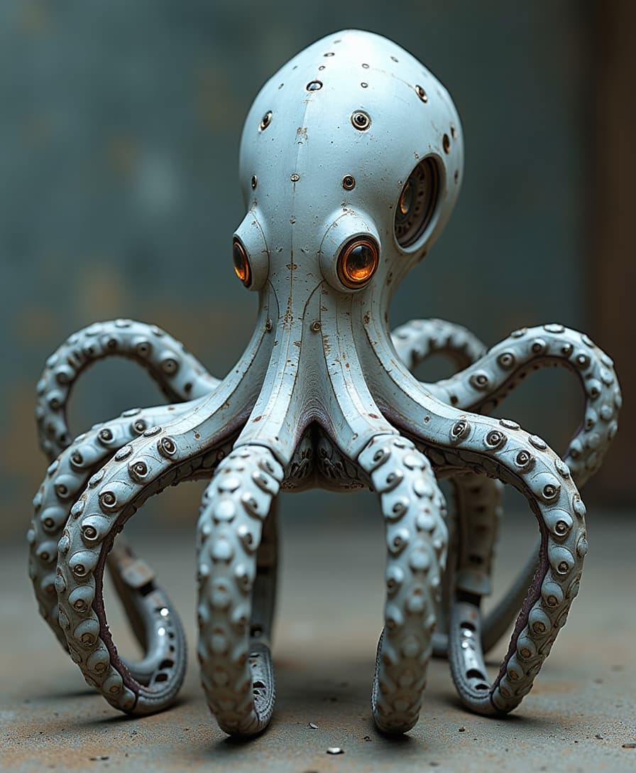 A photo realistic robotic octopus.  The octopus has tentacles that end it what looks  number of different futuristic weapons, all pointed the same direction. 