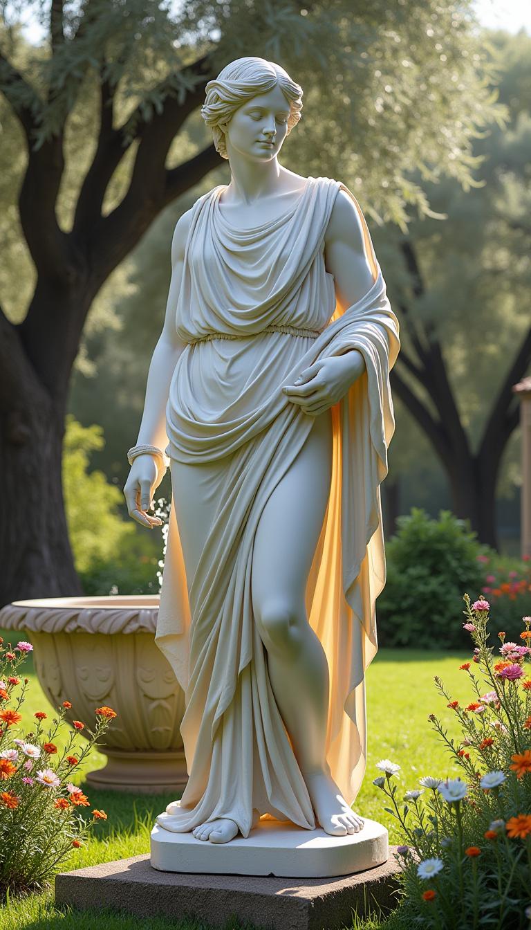 A resplendent statue of a Greek figure, chiseled from luminous white marble, stands majestically atop a weathered stone pedestal, its surface glimmering softly under the golden embrace of the afternoon sun. The figure, draped in flowing garments that cascade like liquid silk, exudes an ethereal grace, each fold meticulously carved, capturing the essence of movement and life. Surrounding the statue, lush greenery sprawls, with vibrant bursts of wildflowers swaying gently in the warm breeze, their colors a vivid contrast against the statue’s pristine surface.

In the background, ancient olive trees stretch their gnarled branches toward the azure sky, their leaves dancing lightly in the wind, casting playful shadows that flicker across the ground. A tranquil fountain nearby murmurs softly, its crystalline waters reflecting the statue's serene countenance, creating a harmonious symphony of sound and sight. The air is imbued with the scent of blooming jasmine, enhancing the idyllic atmosphere, while the soft rays of sunlight filter through the foliage, creating a dappled mosaic of light and shadow that caresses the marble skin of the statue, highlighting its intricate details.