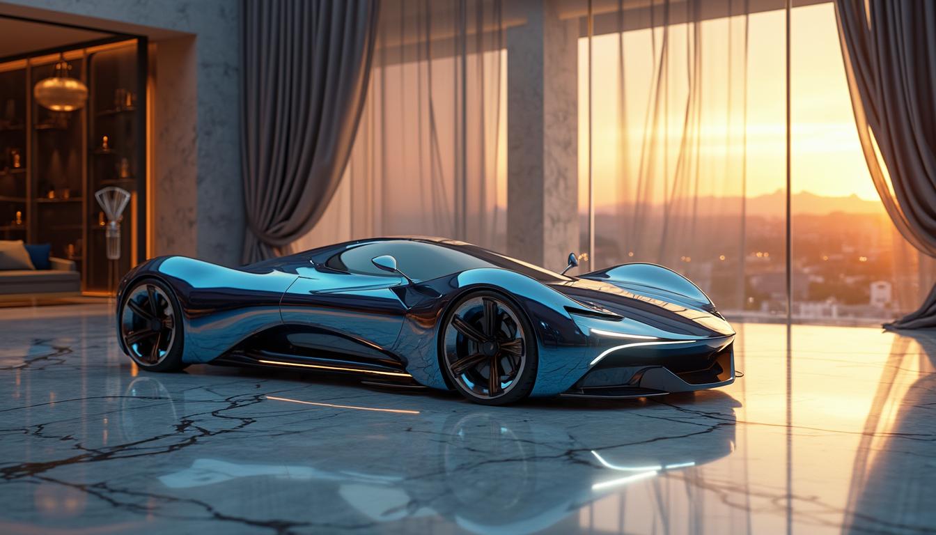A sleek, futuristic concept car glides across a polished marble showroom floor, its aerodynamic silhouette reflecting the soft, ambient glow of strategically placed LED lights that dance across the contours of its metallic skin. The car's body, a striking blend of deep sapphire blue and iridescent silver, shimmers like liquid mercury under the delicate illumination, while its angular, aggressive lines suggest raw power and speed waiting to be unleashed. Surrounding the vehicle, minimalist displays of carbon fiber and glass showcase the latest in automotive technology, their stark elegance contrasting with the sumptuous richness of the plush velvet drapes that frame the expansive glass windows, allowing glimpses of a vibrant cityscape beyond.

In the background, the sun sets, casting a warm golden hue that filters through the glass, creating a halo effect around the car, emphasizing its status as a masterpiece of engineering. The tires, low-profile and wrapped in high-performance rubber, hint at the thrilling adventures awaiting on asphalt racetracks, while the cockpit, adorned with leather and high-tech interfaces, beckons the driver to experience the ultimate fusion of luxury and speed. The composition draws the eye towards the vehicle, inviting admiration and intrigue, as reflections of the surrounding opulence blend seamlessly with the car's striking design, embodying the pinnacle of automotive artistry.