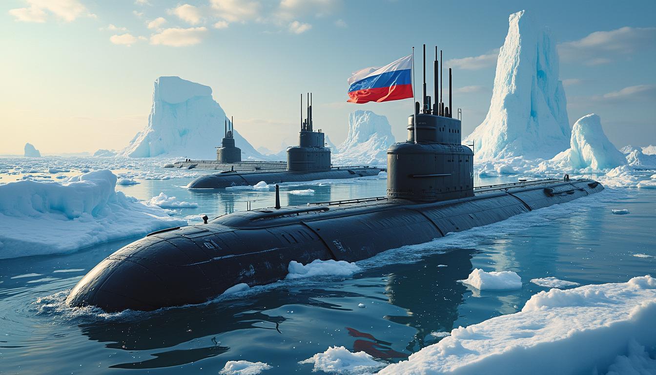 A hyperrealistic depiction of Russian submarines surfacing in icy Arctic waters. The submarines display the Russian flag prominently, and the surrounding icebergs shimmer under a clear sky, with dramatic lighting emphasizing the cold atmosphere.