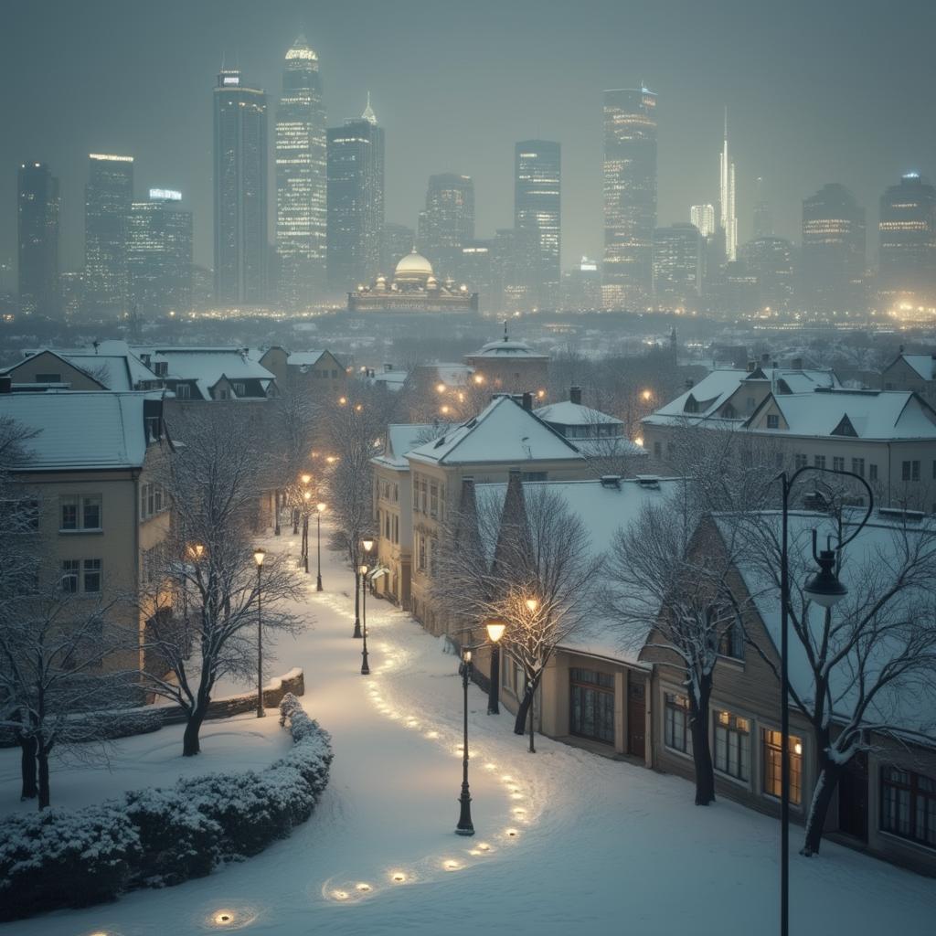 Photo of a cityscape in winter, infused with abstract light shapes. The scene captures an urban area cloaked in snow, where the charming blend of old and new architecture takes on a dreamlike quality. In the foreground, quaint buildings and tree-lined streets are draped in a pristine white layer, their outlines softened by the gentle glow of round lights embedded along the winding paths. As we transition to the mid-ground, a significant dome structure emerges, its silhouette enhanced by intriguing light patterns that dance across the surfaces, creating a sense of movement in the stillness.

The background features a skyline of skyscrapers, their towering forms rising into a hazy winter sky, yet they appear slightly distorted, as if viewed through a veil of abstract light. The interplay of shadows and illumination lends an ethereal quality to the scene, suggesting an isolation that transcends the bustling urban life typically associated with such landscapes. The absence of recognizable figures enhances the deserted feel, making the environment seem like a vast, urban-style area rather than a specific location.