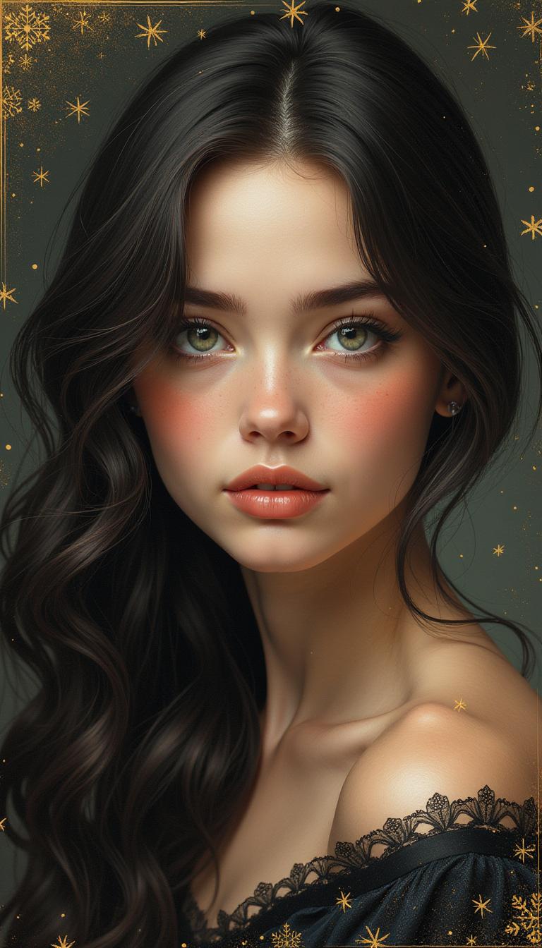 Beautiful girl 23 years old, Christmas tones of gold, black, white, Adorable beautiful happy woman, green eyes, stunning detail art, stunning art, dramatic, completed, hyper-realistic, dark background, ultra highly detailed gold frame, detailed digital painting, highly detailed pose, intricate, intricate, clarity, beautiful high quality digital illustration, black and white flowers background, trends in art season, sharp focus,