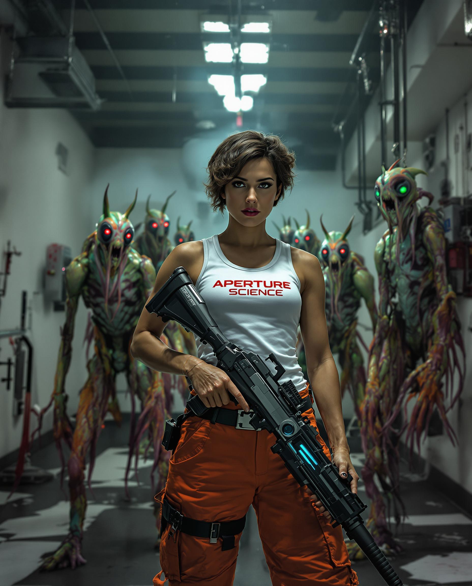 **Prompt:**

A medium close-up shot of a **brunette** Russian woman with **short, curly hair**, dressed in vibrant **orange cargo pants** with visible pockets and a **white tank top** emblazoned with the **'Aperture Science'** logo. Her **eyes are steely**, reflecting both determination and unease. She holds a **futuristic, sleek rifle** with a **blue glowing core** at its center, standing in a **dystopian laboratory** filled with **broken glass and scattered scientific equipment**. 

**Around her**, **hybrid human/praying mantis mutants** with **elongated limbs**, **iridescent green exoskeletons**, and **eyes that glow faintly red** flank her, creating a **sense of danger** and **otherworldliness**. The **lighting** is **horror-inspired**: **harsh shadows** carve out the scene, with **dim, flickering overhead lights** casting **eerie glows** on the mutants and **highlighting the starkness of the lab's white walls**. 

The **composition** places the woman slightly **off-center**, with her rifle pointing towards the **camera**, creating a **dynamic tension** between her and the viewer. **Camera angle** is **slightly low**, enhancing her **heroic stature**. The **atmosphere** is **tense** with a **mood of impending doom**, the **air thick with mist** from leaking chemicals, adding to the **sense of decay and danger**. The **style** mimics **hyperrealistic concept art**, with **high contrast** and **vibrant colors** popping against the **dark, oppressive background** of the lab, reminiscent of **sci-fi horror movies** from the early 2000s. **Depth of field** blurs the background mutants, focusing on the woman and her rifle, enhancing the **surreal, unsettling nature** of the scene.