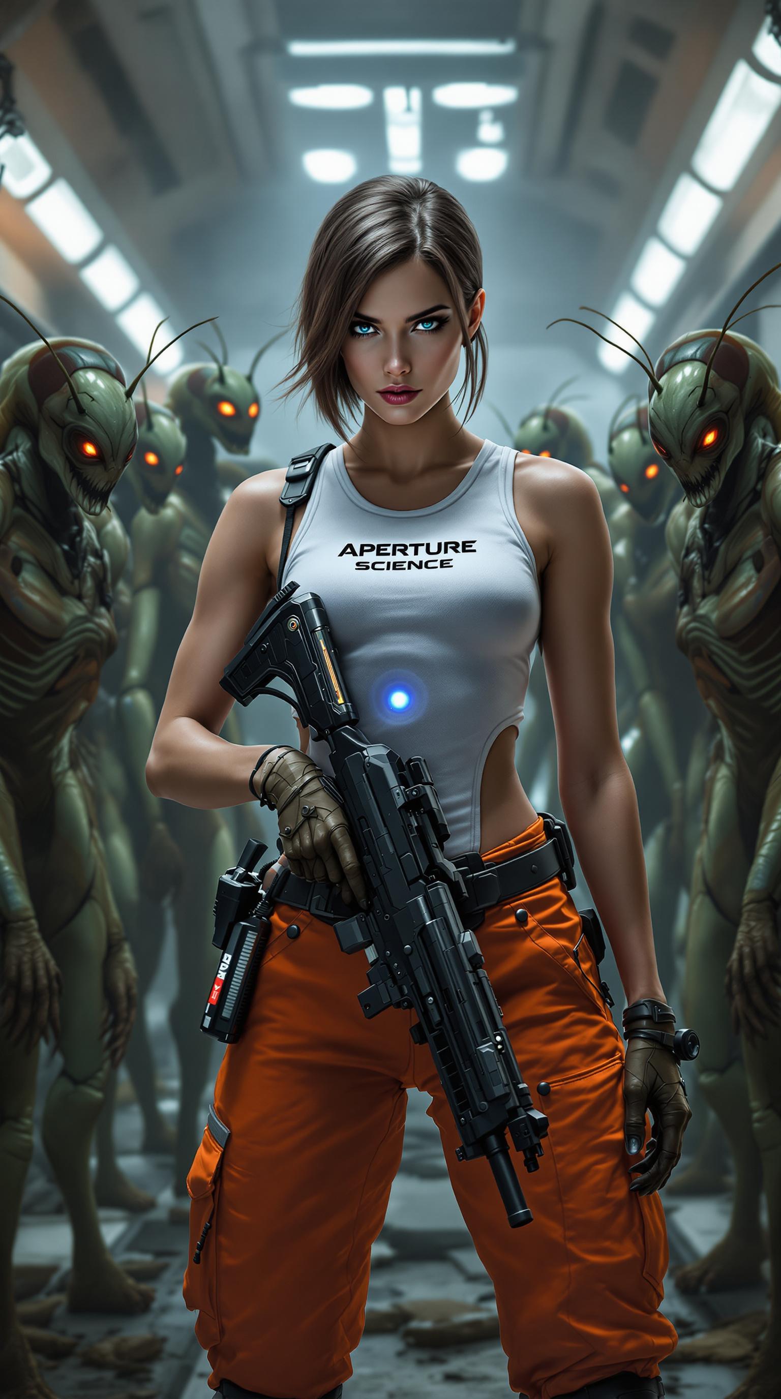 **Prompt:**

A medium close-up shot of a pale **brunette** Russian woman with **short, parted hair**, dressed in vibrant **orange cargo pants** with visible pockets and a **white tank top** emblazoned with the **'Aperture Science'** logo. Her **eyes are steely**, reflecting both determination and unease. She holds a **futuristic, sleek rifle** with a **blue glowing core** at its center, standing in a **dystopian laboratory** filled with **broken glass and scattered scientific equipment**. She is wearing The Advanced Knee Replacement from the video game Portal.

**Around her**, **hybrid human/praying mantis mutants** with **elongated limbs**, **iridescent green exoskeletons**, and **eyes that glow faintly red** flank her, creating a **sense of danger** and **otherworldliness**. The **lighting** is **horror-inspired**: **harsh shadows** carve out the scene, with **dim, flickering overhead lights** casting **eerie glows** on the mutants and **highlighting the starkness of the lab's white walls**. 

The **composition** places the woman slightly **off-center**, with her rifle pointing towards the **camera**, creating a **dynamic tension** between her and the viewer. **Camera angle** is **slightly low**, enhancing her **heroic stature**. The **atmosphere** is **tense** with a **mood of impending doom**, the **air thick with mist** from leaking chemicals, adding to the **sense of decay and danger**. The **style** mimics **hyperrealistic concept art**, with **high contrast** and **vibrant colors** popping against the **dark, oppressive background** of the lab, reminiscent of **sci-fi horror movies** from the early 2000s. **Depth of field** blurs the background mutants, focusing on the woman and her rifle, enhancing the **surreal, unsettling nature** of the scene.