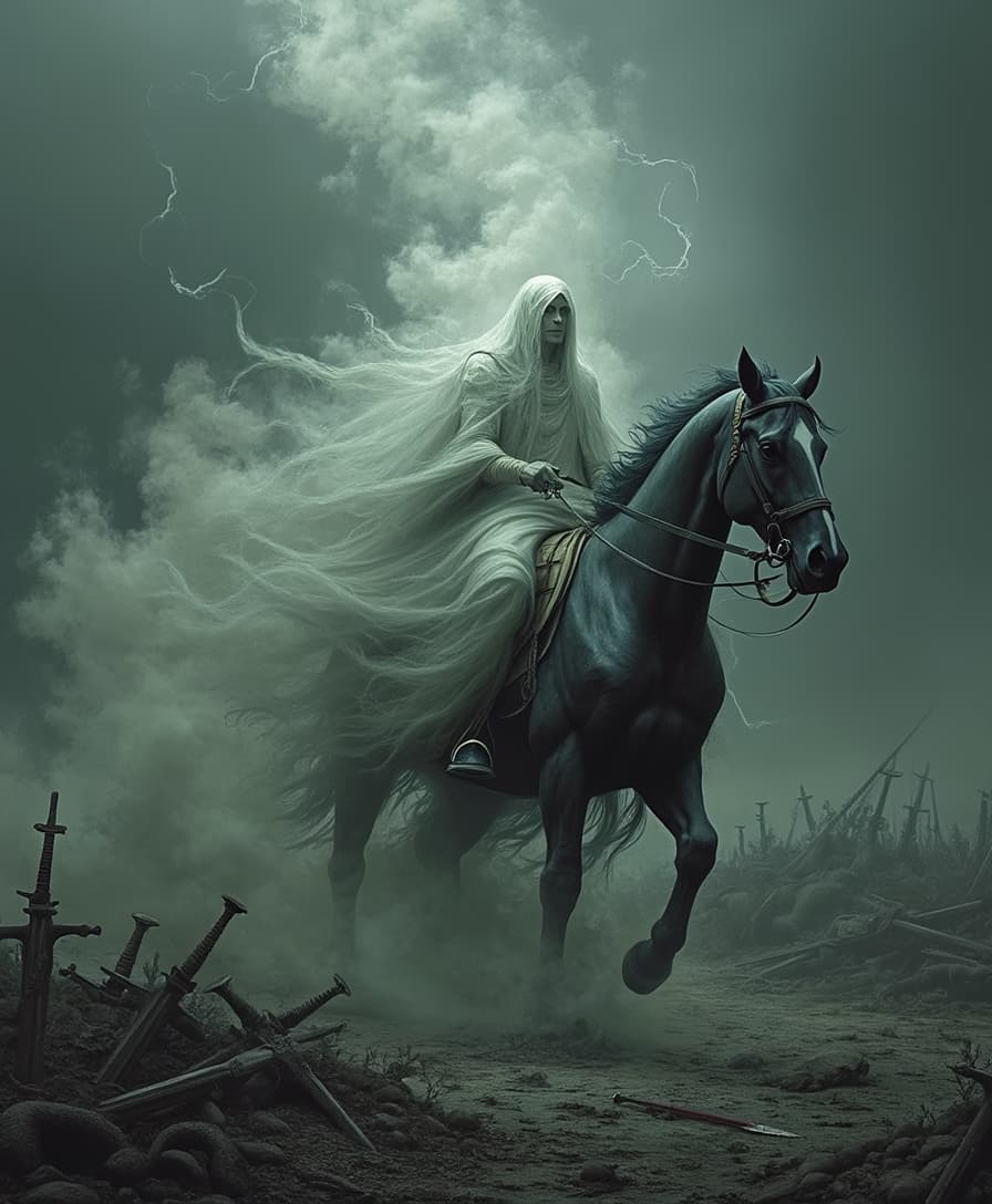 A ghostly figure in flowing robes rides a spectral horse, emerging from a swirling cloud of mist. The background depicts a battlefield strewn with fallen soldiers and weapons, creating a dramatic and eerie atmosphere. The scene conveys a sense of haunting power and foreboding. Include text. Black Starr - Powder Reign