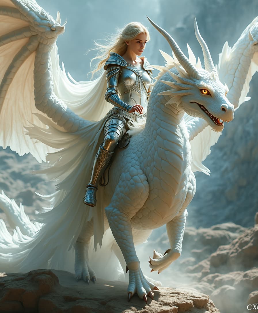 A beautiful female warrior with shining armor and a flowing cape, riding a majestic white dragon with crystal scales. The dragon's wings are transparent, and its tail glows with shimmering light. The scene is set in a bright, mystical landscape with sunlight reflecting off the dragon's scales.