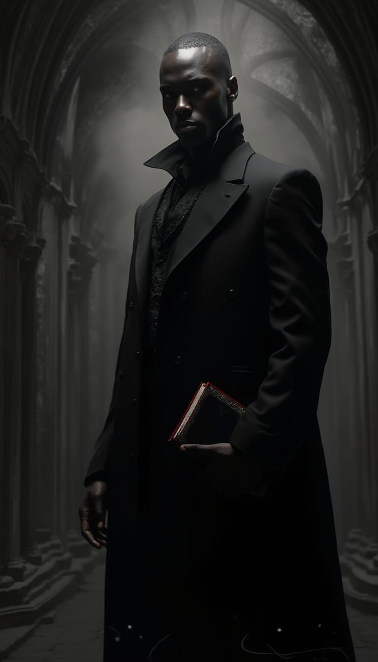 Ethereal handsome African man in black suit, Monochrome Splendor. A breathtaking full-body portrait of a hauntingly handsome man in gothic style. His masculine frame stands poised against a backdrop of deep shadows and swirling mists. His skin is perfect, contrasting sharply with his black attire. his face like living sculptures. His eyes, rendered with hyper-realistic detail, are mesmerizing pools of mystery, drawing the viewer into their depths. The composition is dominated by a striking interplay of black, creating a dramatic chiaroscuro effect that emphasizes the man's masculine pose and the ornate details of his black ensemble. As a captivating accent, a single element in vibrant black- perhaps a book in his hand  - provides a focal point that breaks the monochrome palette. The background features gothic architectural elements fading into darkness, enhancing the mysterious and haunting atmosphere. Subtle wisps of fog curl around his feet, adding to the ethereal quality of the scene. Style: Ultra-high definition (32K) photorealistic render with meticulous attention to symmetry and detail. Utilize advanced lighting techniques to create dramatic shadows and highlights, emphasizing the contrast between black and white while making the red accent pop. The image should convey a sense of timeless beauty and gothic allure, making it a mesmerizing masterpiece.