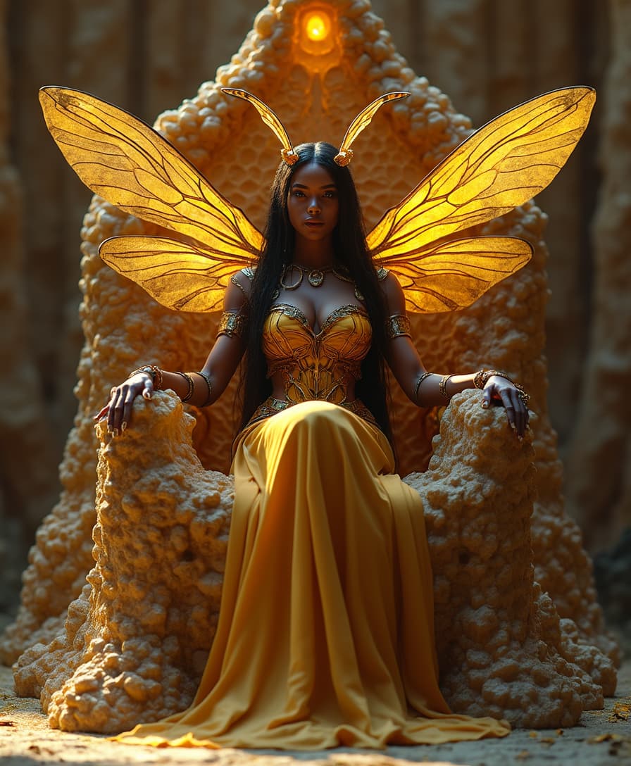 Seated upon a majestic throne carved directly into the walls of a grand honeycomb chamber, the Queen radiates both regal beauty and undeniable authority. Her form is a mesmerizing fusion of human elegance and the raw, natural power of the hive. Her skin shimmers with golden, honeyed tones, while her armor-like exoskeleton gleams in deep amber and ebony, patterned in the rich, velvety stripes of a queen bee. This protective shell accentuates the curves of her body, enhancing her humanoid grace while integrating the segmented shapes of her insectoid nature.Her wings, large and translucent, fan out behind her, shimmering in the low light with an ethereal golden glow. They are intricate and delicate, like the gossamer wings of a bee, yet they possess an unmistakable strength, subtly lined with metallic traces. These wings, though still, hum with latent power, reflecting her sovereignty over the hive. Her throne, crafted from the waxy hexagons of the honeycomb, glows softly, as if alive, the walls around her dripping with golden honey. The structure envelops her, both a symbol of her reign and a testament to the industrious hive. Long, flowing hair the color of liquid honey cascades down her back, pooling at her feet like a golden river. Her eyes, large and dark, are filled with a deep, ancient wisdom, surveying her domain with a quiet yet undeniable power.From her forehead, two graceful, golden antennae arch forward, glowing faintly as they sense the pulse of the hive around her. Her hands, poised on the arms of her throne, are tipped with translucent claws, delicate yet capable of swift, decisive action. Her presence commands both respect and awe, embodying the perfect balance between nurturing ruler and fierce protector.Around her, the vast honeycomb structure buzzes softly with swams of bees, filled with the hum of loyal workers, each attending to the needs of their queen, while golden honey drips slowly from the walls, casting a warm glow throughout her domain.