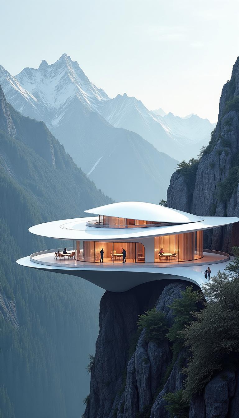 Futuristic architectural structure, echoing Ieoh Ming Pei's influence, defies gravity, traditional design principles, sleek curving lines, floating sections, hover appearance, advanced material use, transparent elements, glowing accents, elegant, otherworldly, seamlessly integrated into mountainous landscape, bold, imaginative vision of future architecture, functional yet artistic avant-garde aesthetic, ultra-clear, ultra-realistic, digital rendering.