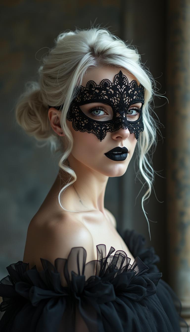 1Woman, dressed in a mysterious and elegant style. Her platinum blonde hair is styled in a neat, voluminous updo, with soft, loose strands framing her delicate face. She wears an intricate black lace mask that covers the upper half of her face, enhancing the air of enigma and sophistication. The mask is adorned with detailed patterns, giving it an elaborate, gothic flair. Her makeup is bold and dramatic with dark, matte black lipstick accentuating her lips. Her piercing eyes, framed by the mask, convey a sense of intrigue and desire. She wears a luxurious off-shoulder black gown with layers of sheer, ruffled fabric, adding to her dramatic and refined appearance. The overall mood of the image is one of mystery, sophistication, and allure, evoking the setting of a masquerade ball or a gothic romance. The blend of delicate details and bold accents creates a captivating portrait that exudes elegance and mystique,