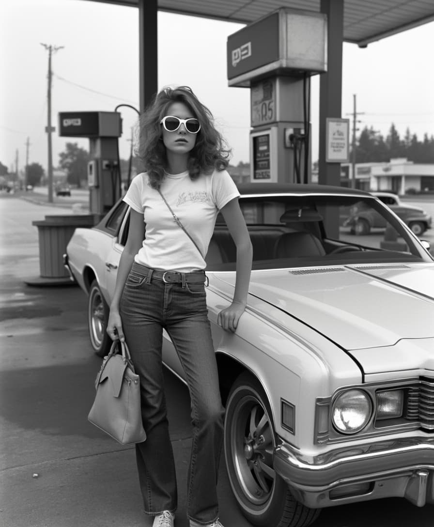 A black-and-white photograph of a young woman wearing sunglasses, standing next to her car at a gas station in the northeastern United States in the summer of the 20th century. She is dressed in a T-shirt, jeans, and shoes, and is holding a handbag. The scene captures the essence of mid-1970s American culture, and it has been photographed in the style of Martin Parr. She looks confident and cool. 