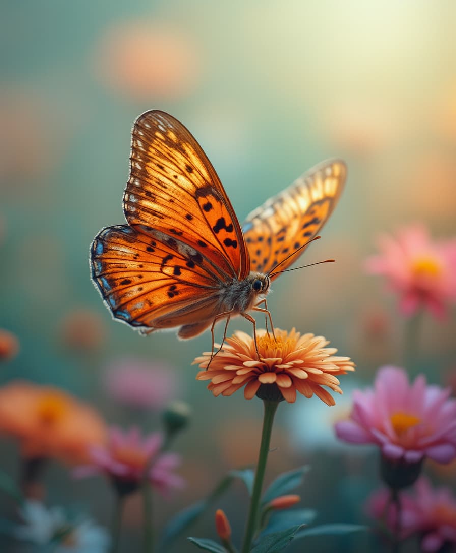 4k, photo, "Create an incredibly beautiful photo of a vibrant butterfly in flight, gracefully hovering over a field of colorful flowers. The butterfly’s delicate wings are illuminated by soft natural light, highlighting intricate patterns, with a dreamy, blurred floral background.no text in the photo. 