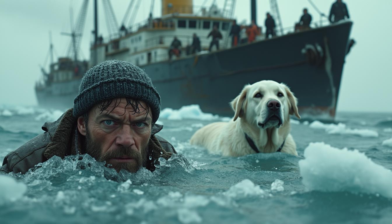 A dramatic, intense scene set in an icy, turbulent sea. In the foreground, a man with a desperate, exhausted expression is partially submerged in freezing water. Half of his face is underwater, emphasizing the struggle against the cold and the overwhelming environment. He is wearing a thick, dark knitted winter hat, with wet strands of hair clinging to his forehead. His visible eye and furrowed brow convey a sense of determination and despair. Next to him swims a large white dog, resembling a Labrador Retriever or Golden Retriever. The dog’s fur is soaked, and it moves with visible effort through the icy water. Its focused gaze and forward motion suggest unwavering loyalty and the instinct to survive. In the background looms a massive, weathered ship with a dark hull. The ship appears partially damaged, surrounded by floating ice chunks, adding to the perilous atmosphere. Several indistinct figures stand on the deck, their actions obscured by the mist and snow. The overcast sky above casts a cold, dim light, enhancing the sense of isolation and danger. The color palette is dominated by cold, desaturated tones of blue and grey, creating a harsh, unforgiving atmosphere. The water churns with frothy waves, and the biting cold is palpable. This gripping, cinematic moment captures a raw fight for survival, showcasing the connection between man, animal, and the unforgiving forces of nature. 