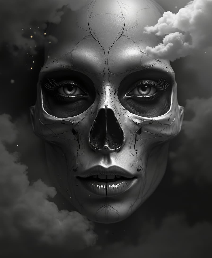 skull,beautiful female portrait, intricate shading, smooth gradients, high-contrast black and white composition, micro details, layered textures, glowing highlights, dynamic light refraction, tattoo-focused design, 9:16 layout, balanced proportions, geometric symmetry, atmospheric depth, sharp edges, soft cloud diffusion, hyper-realism, tactile surface definition