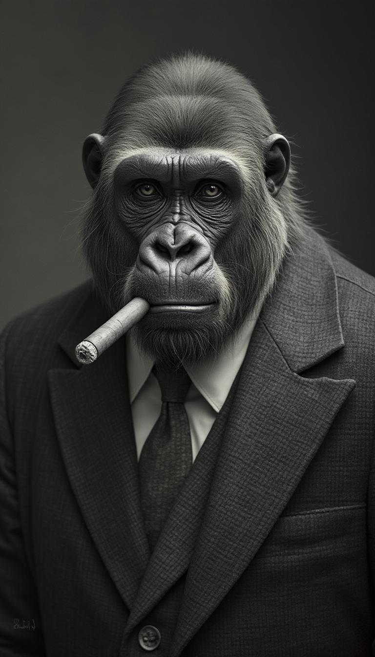 A photorealistic portrait of a gorilla wearing a suit and smoking a cigar, in high resolution.