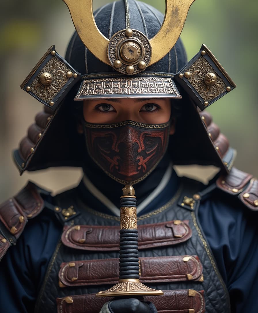 real samurai holding a sword, with half mask covering his mouth. From the chest to the helmet close up