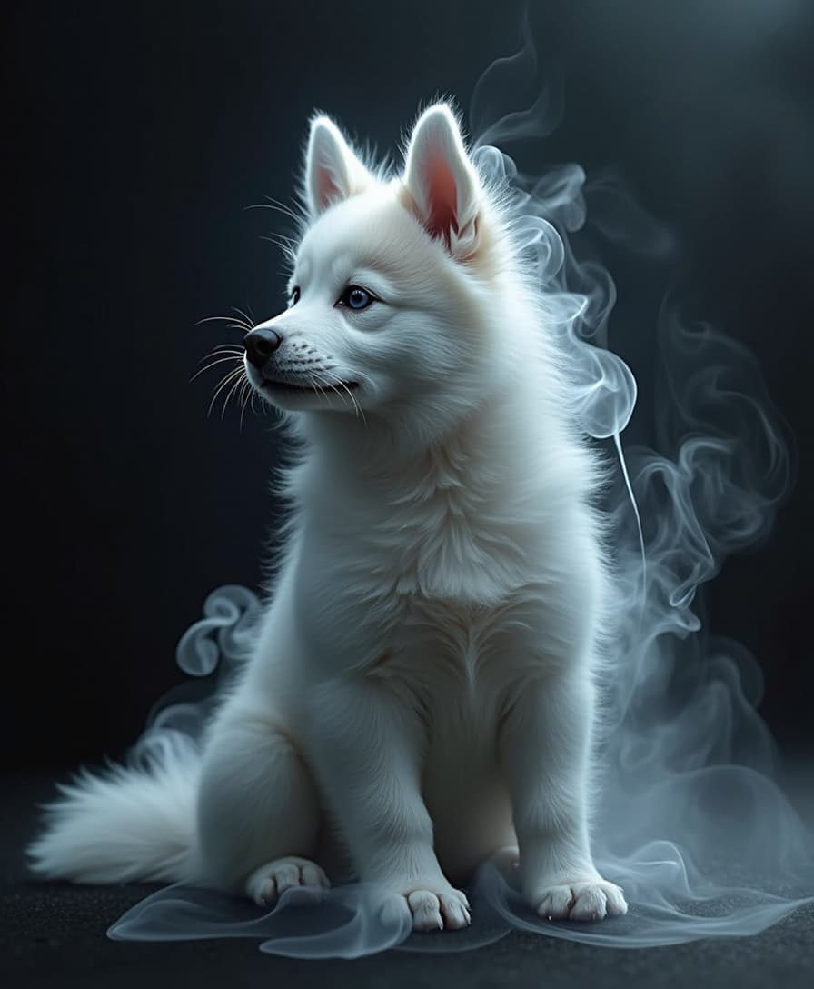 A photorealistic depiction of a dense cloud of smoke forming the shape of a baby husky, with soft, swirling tendrils creating the outline of its fluffy fur, upright ears, and playful stance. The smoke is illuminated by subtle light, highlighting its delicate edges and adding depth to the ethereal form. The background is dark and minimal, allowing the intricate details of the smoke to stand out, creating a mysterious and captivating atmosphere