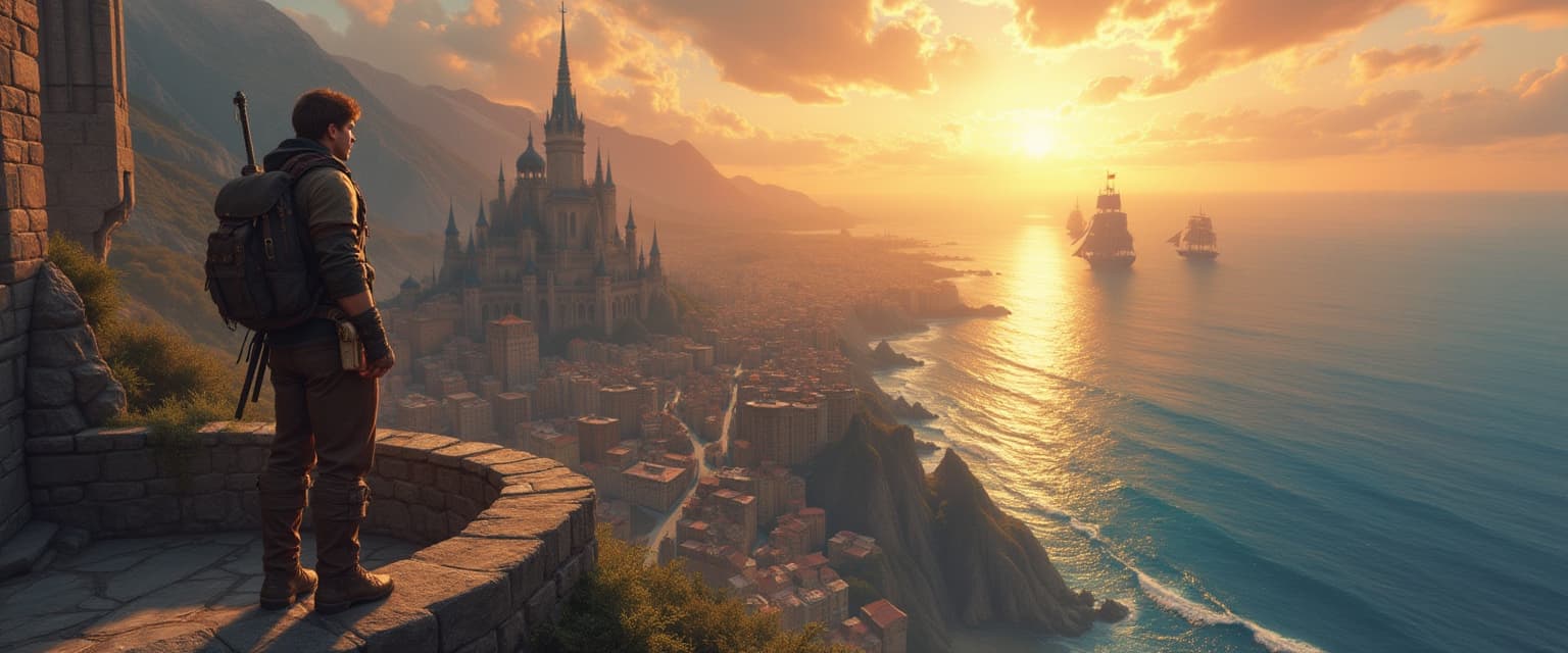 An adventurer stands on a stone balcony overlooking a vast ocean, with a sprawling, bustling fantasy city behind them. The character wears rugged, practical gear, with a small backpack and a sword or staff slung over their shoulder, hinting at their journey. The city is filled with winding streets, towering spires, and vibrant market stalls. The ocean stretches out under a golden sunset, with distant islands or ships on the horizon, symbolizing new adventures to come. The atmosphere is serene yet full of anticipation, with warm, glowing light reflecting off the water and city buildings." This keeps it simpler but still visually engaging!