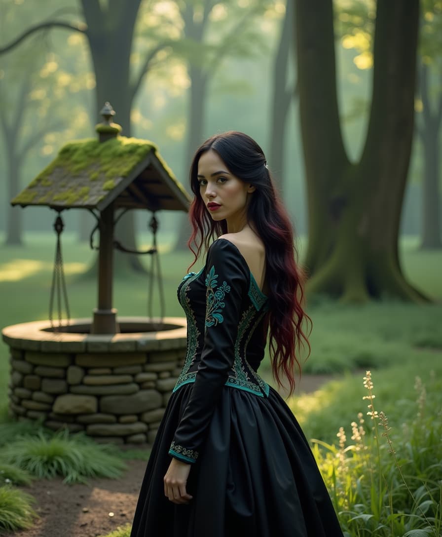 **Subject Description:**
A European woman with cascading long black hair featuring subtle red strands, wearing a black gothic dress with intricate turquoise accents on the corset, standing in a secluded forest clearing. 

**Visual Details:**
- Hair: Black with natural-looking red highlights, styled in soft waves.
- Dress: High-quality gothic design with a black base, featuring delicate embroidery in turquoise on the corset, giving it an ethereal touch.
- Lighting: Shards of sunlight filter through the oak canopy, casting dappled light on her figure, emphasizing the textures of her hair and dress.
- Environment: 
   - Towering oak trees with moss-covered trunks form a natural canopy.
   - The ground is covered with lush, green moss and small wildflowers.
   - An old, moss-covered stone well stands behind her, adding an air of medieval mystery.
   - A soft mist hangs in the background, enhancing the secluded, mystical atmosphere.

**Style:**
- Photographic style reminiscent of a cinematic still from a gothic romance film, with a focus on depth of field to blur the background slightly.
- Artistic influence from Pre-Raphaelite paintings, capturing the romantic and detailed elements.

**Composition:**
- The woman is positioned centrally, with her back slightly turned to the camera, looking over her shoulder with a mysterious gaze.
- Camera angle: Low, looking up slightly to emphasize the towering trees and her ethereal presence.
- Framing: Tight enough to focus on her figure and the immediate surroundings, with the well as a key background element.

**Mood and Atmosphere:**
- The scene exudes an atmosphere of serene solitude, mystery, and timelessness.
- The time of day is late afternoon, with the golden hour light enhancing the mystical aura.
- The air is still, with a hint of fog, creating an otherworldly yet grounded feeling.

**Technical Aspects:**
- Use of a wide aperture to create a shallow depth of field, focusing on the subject while softening the background.
- Long exposure could be implied to capture the movement of light through the leaves, creating a dream-like effect.
- High dynamic range (HDR) to capture both the shadows under the trees and the highlights from the sunbeams.

**Cohesion:**
All elements blend seamlessly to create a scene that feels like a moment frozen in time, where the natural world and gothic romance converge, highlighting the beauty and mystery of the woman in her forest sanctuary.