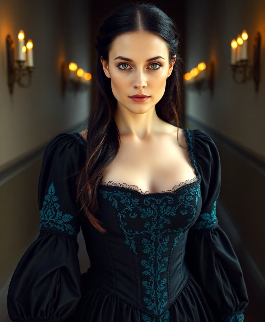 A highly detailed photo of a 40-year-old European woman with **pale skin** and **long black hair** adorned with **subtle red strands**. She is dressed in a **black medieval gown** featuring **intricate turquoise lace detailing** on the corset, enhancing the elegance of her silhouette. The gown trails behind her, with the lace shimmering subtly under the **flickering candlelight**. Her face is illuminated by the **warm, uneven light** from candle sconces, highlighting her features and the texture of her skin. 

**Style**: Capture this scene in the style of a **Renaissance portrait**, focusing on **realism** with a touch of **romanticism**. Use **chiaroscuro** to create dramatic contrasts between light and shadow, enhancing the depth and texture of both the woman and the surroundings.

**Composition**: She is positioned **slightly off-center**, moving towards the viewer, creating a dynamic sense of motion. The **camera angle** is slightly low to emphasize her **regal bearing**. The hallway stretches into the distance, framed by **stone arches** that lead the eye deeper into the scene.

**Mood and Atmosphere**: The atmosphere is **mysterious** and **slightly eerie**, with **dim lighting** and the echoing footsteps on the stone floor. The time is **twilight**, with a **faint glow** suggesting the end of the day. The ambiance is one of **solitude**, **grandeur**, and **historical depth**.

**Technical Aspects**: Utilize **depth of field** to keep the woman in **sharp focus** while the background fades into **soft shadows**. Employ a **wide-angle lens** to capture the grandeur of the hallway and the detail of the arches. Ensure the lighting is **soft yet directional**, coming from the sconces to create a **naturalistic glow**.

**Cohesion**: All elements must blend to form a believable **medieval scene**, where the woman's presence and attire fit seamlessly with the **ancient, stone architecture** of the castle, evoking a sense of **timelessness** and **nobility**.