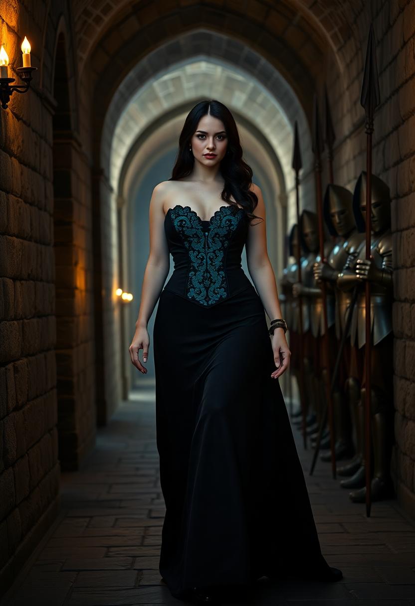 Create a striking half-body portrait of a 40-year-old woman, characterized by her pale skin, long black hair with red strands, and a voluptuous figure. She is adorned in an elegant, black gothic gown with intricate turquoise lace details accentuating the corset, which hugs her form. Her posture exudes grace and confidence as she walks down a dimly lit medieval castle hallway. 

**Visual Details:**
- Her skin should appear almost luminescent against the dark backdrop, with a slight blush on her cheeks to add warmth.
- The gown should have a deep, rich texture, with velvet or silk material, the lace work on the corset should be delicate and ornate, reflecting light from the torches.
- Her hair should flow freely down her back, with a few strands artfully framing her face, catching the light to highlight the red streaks.

**Style:**
- The image should evoke a Gothic Romantic style, reminiscent of pre-Raphaelite paintings, with attention to detail and emotional depth.

**Composition:**
- Capture her from a slight low angle to emphasize her stature and the grandeur of the setting.
- The hallway should stretch into the background, converging lines drawing the eye towards her.
- Position guards at intervals along the hallway, their polished armor reflecting the torchlight, creating a contrast with the woman's soft features.

**Mood and Atmosphere:**
- The scene should be set in the evening, with the hallway bathed in a warm, flickering light from the torches, creating long shadows and a sense of mystery.
- The air should feel cool, with a slight mist or haze to give the scene an ethereal quality.

**Technical Aspects:**
- Utilize chiaroscuro lighting to enhance the depth and drama, with soft focus in the background to keep the focus on the woman.
- Employ a shallow depth of field to blur the background slightly, making the woman and her immediate surroundings the focal point.

**Cohesion:**
- All elements should contribute to a narrative of power, elegance, and a touch of melancholy, where the woman is both a part of and apart from the historical setting, her presence commanding yet enigmatic.