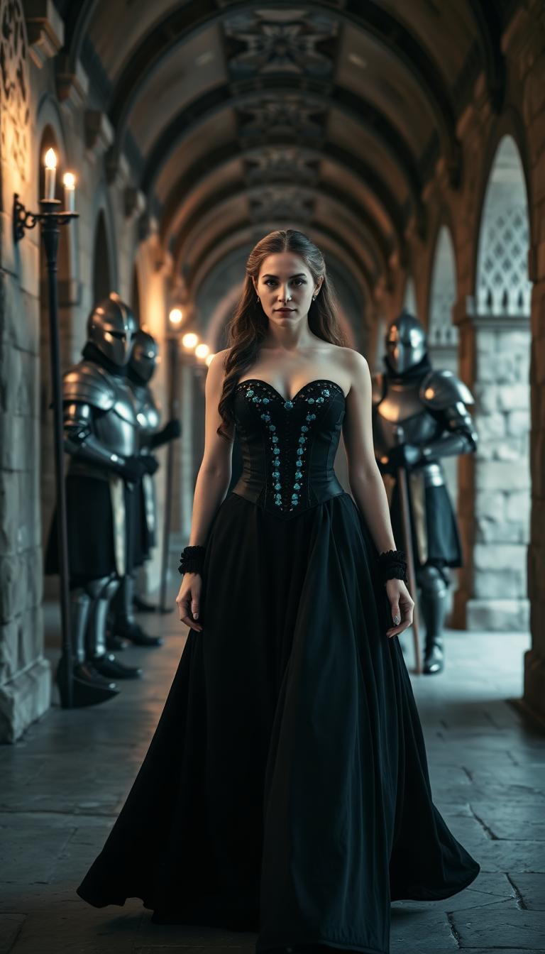 A detailed image of a woman dressed in an elegant black gothic dress with turquoise accents on the corset, walking in a medieval hallway adorned with arched ceilings and carved stone walls. Tall guards in full plate armor stand silently on either side of the corridor, their halberds resting against the ground. The flickering light from torches dances on their armor, creating an imposing and atmospheric backdrop.  


- **Lighting**: Utilize **chiaroscuro lighting** to enhance the contrast between light and shadow, focusing on the beads on the corset and the woman's face, while leaving much of the background in shadow to maintain the mysterious atmosphere.

- **Technical Aspects**: Use a **wide-angle lens** to capture the grandeur of the hallway, with a **shallow depth of field** to keep the focus on the woman, allowing the guards and the hallway to blur slightly, adding to the dreamlike quality of the scene. Employ **long exposure** to capture the movement of her gown, giving it an ethereal, flowing appearance.

- **Mood**: The overall scene should evoke a **sense of timelessness**, as if stepping into a forgotten era, with elements that blend historical accuracy with a touch of fantasy.