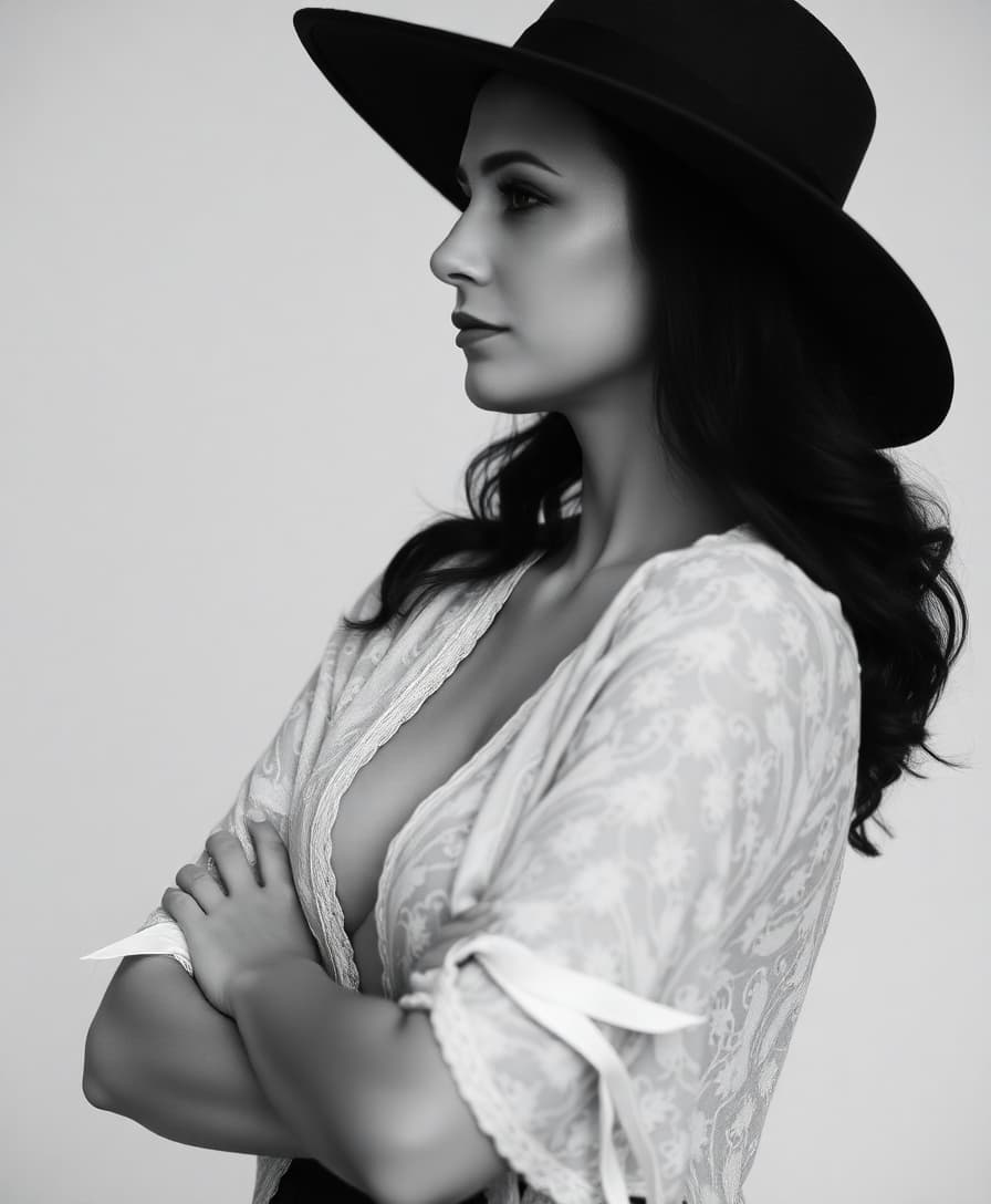 The image features a woman in a black and white photograph, captured in a side profile with her arms crossed over her chest. She is wearing a wide-brimmed hat and a delicate lace garment that drapes over her shoulders. The background is blurred, focusing the viewer's attention on the subject.