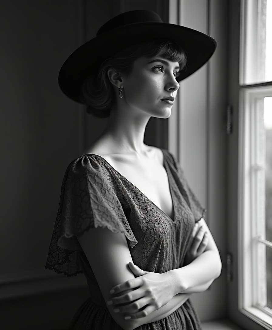 **Prompt:**

Create a black and white portrait of a woman in a side profile. She should have her arms crossed over her chest, exuding an air of poise and introspection. The woman wears a wide-brimmed hat, casting a soft shadow over her face, with fine details of the hat's texture visible. Her attire includes a delicate lace garment that elegantly drapes over her shoulders, the intricate patterns of the lace standing out in stark contrast to the monochrome palette. 

- **Style:** Emulate the timeless elegance of Edwardian-era photography, with a focus on high contrast and detailed shadows to enhance the depth and drama. 
- **Composition:** Position the subject slightly off-center to the left, allowing for negative space on the right. Use a shallow depth of field to blur the background, focusing all attention on the woman. The camera angle should be slightly above eye level to capture the contour of her face and the elegant lines of her attire.
- **Mood and Atmosphere:** The scene should evoke a sense of quiet contemplation, with the background suggesting an indoor setting with soft, diffused light. The time of day should feel like late afternoon, with the light casting gentle shadows and creating a serene ambiance.
- **Technical Aspects:** Utilize a soft focus lens effect to blur the background, ensuring the subject stands out sharply. The image should be grainy to mimic the texture of vintage film, and incorporate a slight vignette to draw the viewer's eye inward.

This portrait should capture the essence of grace and timeless beauty, with every element working in harmony to create a compelling, cohesive scene.