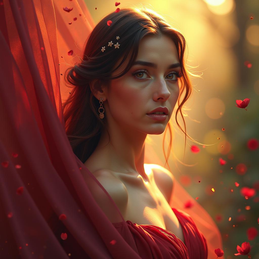 **Prompt for AI Image Generation:**

- **Subject**: A woman of unparalleled beauty, her gaze introspective, set against an ethereal background that blurs the lines between reality and dream.

- **Visual Details**: 
  - **Colors**: Utilize a rich, warm palette of reds, oranges, and deep purples, with accents of gold to enhance the dreamlike quality. 
  - **Textures**: Incorporate smooth, almost airbrushed skin with hints of translucency, flowing, almost weightless fabric that appears to dance in an unseen breeze, and detailed, otherworldly elements like floating petals or sparks of light.
  - **Lighting**: Employ dramatic chiaroscuro lighting with soft, focused beams of light highlighting her form, casting deep shadows that contrast sharply with the illuminated areas, creating a sculptural effect reminiscent of Renaissance portraiture.

- **Artistic Style**: 
  - **Influences**: Blend the meticulous detail of Renaissance portraiture with the dramatic intensity of Baroque art, the surreal, dreamlike qualities of Surrealism, and the seamless blending and hyperrealistic rendering of digital painting.
  - **Composition**: Frame the woman in a three-quarter pose, her body turned slightly away but her face towards the viewer, creating an intimate yet mysterious connection. Position her centrally with the background elements swirling around her, enhancing the surreal atmosphere.

- **Mood and Atmosphere**: 
  - **Emotion**: Convey a sense of deep introspection, passion, and an ethereal, almost divine presence, as if she exists in a timeless moment between reality and fantasy.
  - **Time**: The lighting should suggest the golden hour, just before sunset, when shadows are long, and light is warm and diffused.
  - **Weather**: The environment around her should be calm, perhaps with a slight haze or mist, adding to the surreal, dreamlike quality.

- **Technical Aspects**: 
  - **Camera Angle**: Use a slightly low angle to elevate her presence, making her seem larger than life, almost godlike.
  - **Focus**: Apply a shallow depth of field, with her face and upper body in sharp focus while the background softly blurs into a dreamscape.
  - **Painting Techniques**: Utilize techniques like soft blending for skin, detailed brushwork for the eyes and lips, and atmospheric perspective to give depth to the background elements.

- **Cohesion**: Ensure that the interplay of light and shadow, the choice of colors, and the surreal elements all work together to create a cohesive, emotionally charged