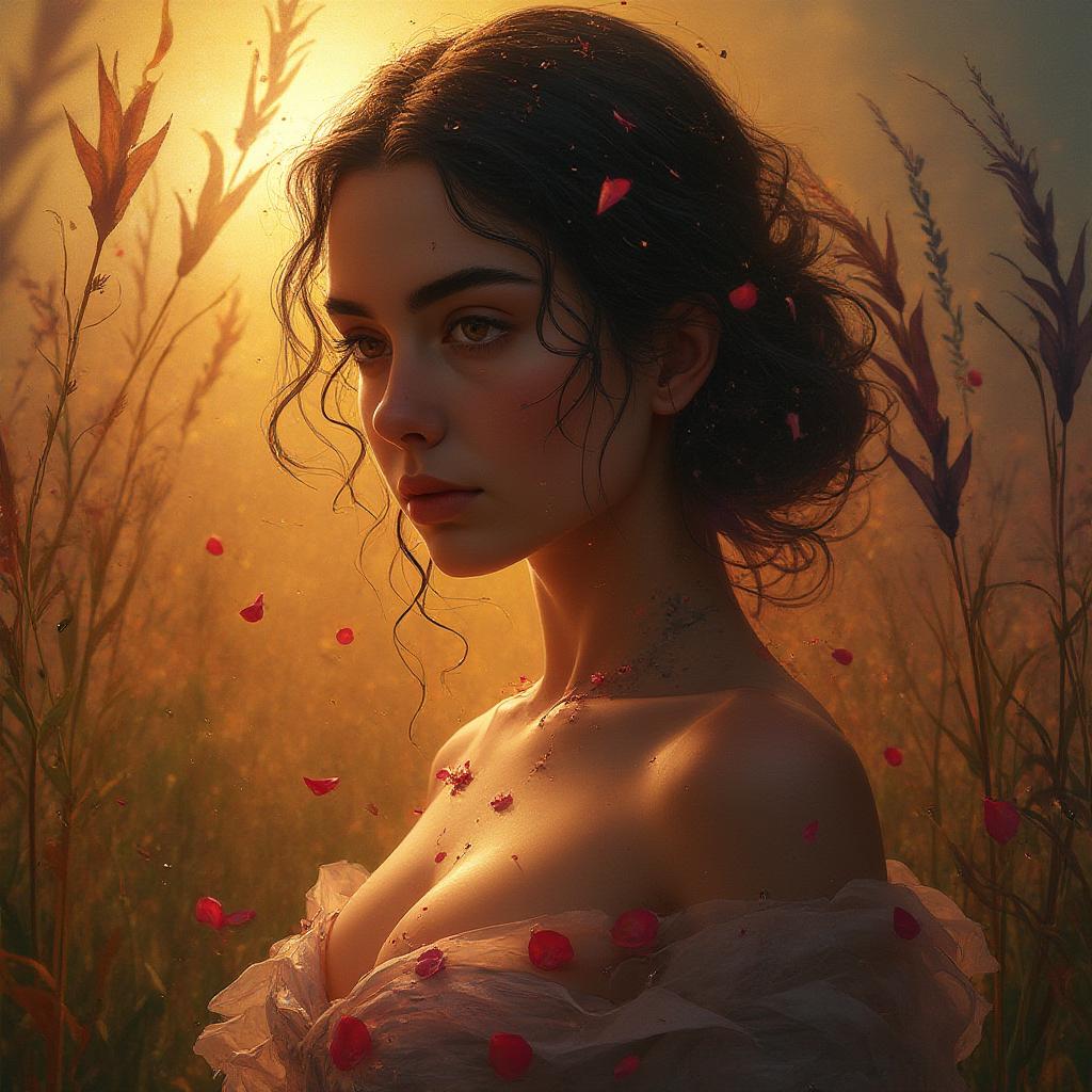 **Prompt for AI Image Generation:**

- **Subject**: A woman of unparalleled beauty, her gaze introspective, set against an ethereal background that blurs the lines between reality and dream.

- **Visual Details**: 
  - **Colors**: Utilize a rich, warm palette of reds, oranges, and deep purples, with accents of gold to enhance the dreamlike quality. 
  - **Textures**: Incorporate smooth, almost airbrushed skin with hints of translucency, flowing, almost weightless fabric that appears to dance in an unseen breeze, and detailed, otherworldly elements like floating petals or sparks of light.
  - **Lighting**: Employ dramatic chiaroscuro lighting with soft, focused beams of light highlighting her form, casting deep shadows that contrast sharply with the illuminated areas, creating a sculptural effect reminiscent of Renaissance portraiture.

- **Artistic Style**: 
  - **Influences**: Blend the meticulous detail of Renaissance portraiture with the dramatic intensity of Baroque art, the surreal, dreamlike qualities of Surrealism, and the seamless blending and hyperrealistic rendering of digital painting.
  - **Composition**: Frame the woman in a three-quarter pose, her body turned slightly away but her face towards the viewer, creating an intimate yet mysterious connection. Position her centrally with the background elements swirling around her, enhancing the surreal atmosphere.

- **Mood and Atmosphere**: 
  - **Emotion**: Convey a sense of deep introspection, passion, and an ethereal, almost divine presence, as if she exists in a timeless moment between reality and fantasy.
  - **Time**: The lighting should suggest the golden hour, just before sunset, when shadows are long, and light is warm and diffused.
  - **Weather**: The environment around her should be calm, perhaps with a slight haze or mist, adding to the surreal, dreamlike quality.

- **Technical Aspects**: 
  - **Camera Angle**: Use a slightly low angle to elevate her presence, making her seem larger than life, almost godlike.
  - **Focus**: Apply a shallow depth of field, with her face and upper body in sharp focus while the background softly blurs into a dreamscape.
  - **Painting Techniques**: Utilize techniques like soft blending for skin, detailed brushwork for the eyes and lips, and atmospheric perspective to give depth to the background elements.

- **Cohesion**: Ensure that the interplay of light and shadow, the choice of colors, and the surreal elements all work together to create a cohesive, emotionally charged