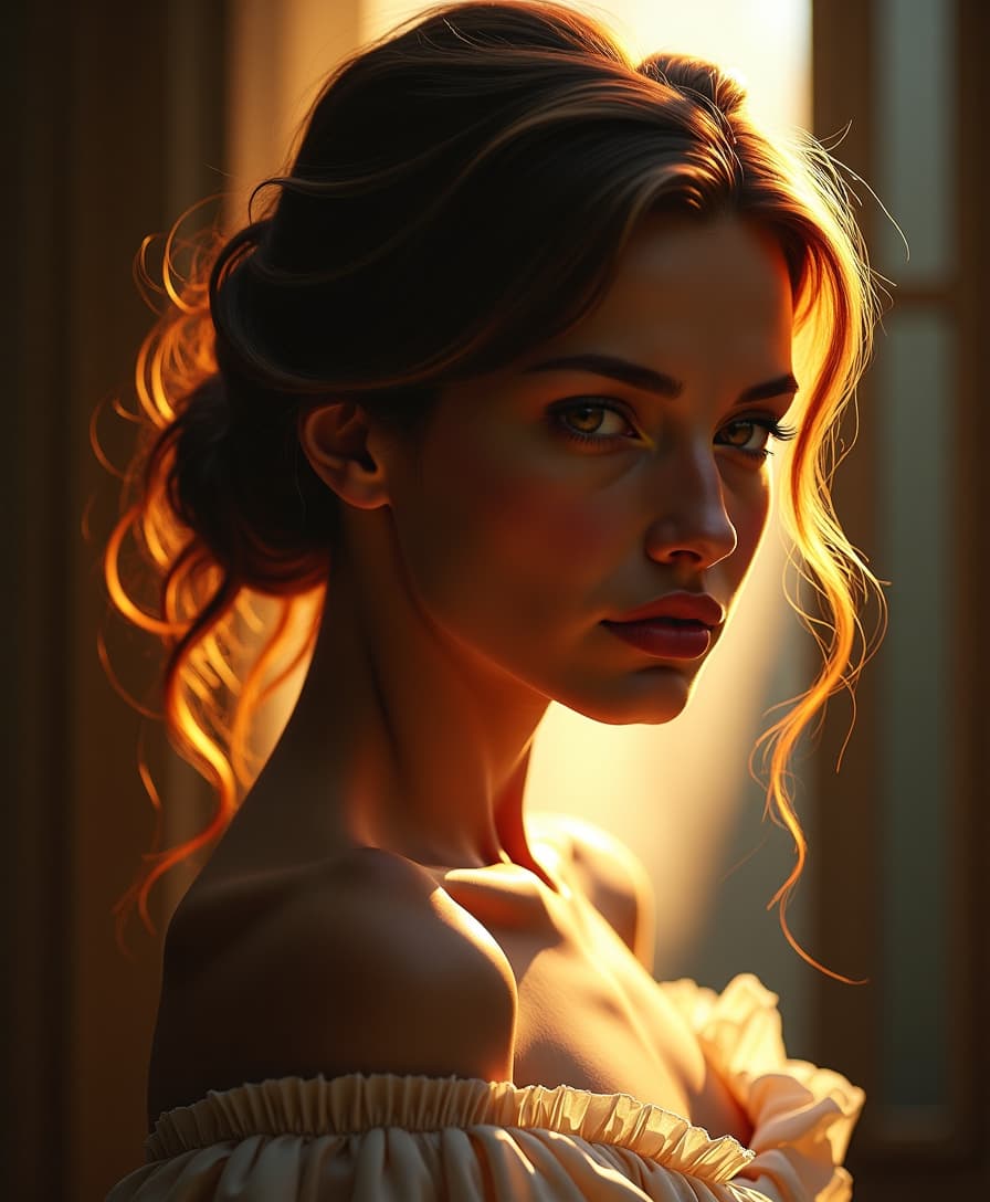 **Prompt:**

Create a digital painting of a **gorgeous woman**, her ethereal beauty captured through the following elements:

- **Style**: 
  - Chiaroscuro effect reminiscent of Renaissance portraiture and Baroque art, using dramatic light and shadow to sculpt the form and evoke emotion.
  - Incorporate elements of Surrealism with dreamlike, otherworldly features to create a sense of the subconscious and irrational.

- **Visual Details**:
  - Rich, saturated colors with a warm palette to suggest passion and intensity.
  - Smooth blending of colors and realistic rendering of textures typical of digital painting, emphasizing the skin's glow, the softness of the hair, and the fabric's texture.
  - The woman's facial expression should convey a sense of mystery and allure, with soft, luminous eyes and a slight, enigmatic smile.

- **Composition**:
  - The subject is positioned slightly off-center, creating an asymmetrical balance that draws the viewer into the scene.
  - Use a low angle perspective to enhance her stature and presence, making her appear almost larger than life.
  - Framing should include elements that suggest a dreamlike environment, like softly blurred edges or ethereal, floating elements around her.

- **Mood and Atmosphere**:
  - The lighting should be dramatic with soft, diffused light sources, creating an intimate and mysterious atmosphere.
  - The time of day could be dusk or dawn, with the light casting long shadows and a golden hue to enrich the colors.
  - The ambiance should feel like stepping into a dream, where reality and fantasy blend seamlessly.

- **Technical Aspects**:
  - Utilize **soft focus** in parts of the image to enhance the surreal effect while keeping the subject in sharp focus.
  - Employ **color grading** to further enhance the warm palette, with careful attention to the balance between light and dark areas for depth and contrast.
  - **Depth of field** should be shallow, focusing on the woman, with the background becoming increasingly abstract and dreamlike.

- **Cohesion**: 
  - The overall scene should blend classical portraiture techniques with modern digital painting to create a visually striking, emotionally evocative, and timeless piece. The surreal elements should complement the classical techniques, creating a harmonious and believable dreamscape.