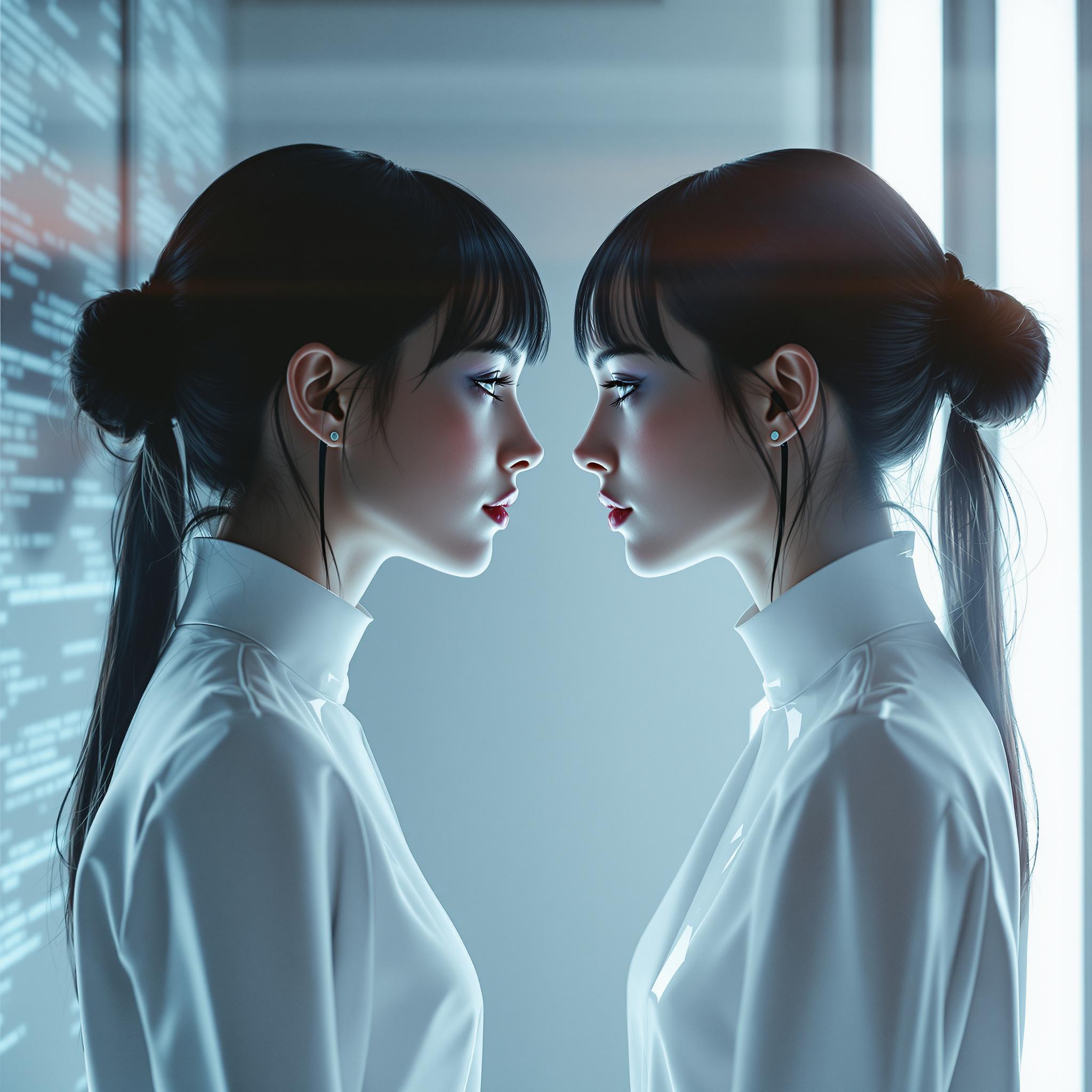 A woman and her digital twin, **face to face**, their expressions mirroring each other with a touch of **surrealism**. The scene is set in a **futuristic, minimalist room** with soft, **ambient lighting** casting gentle shadows that blur the lines between reality and the digital realm. 

- **Visual Details**: The woman and her twin are dressed in **simple, monochrome attire** - one in a light shade, the other in a darker hue, enhancing the contrast between them. Their hair is styled identically, with slight variations in color to differentiate the real from the digital. The room features **glossy, metallic surfaces** and **holographic screens** subtly displaying code and digital art.

- **Style**: The image evokes a **cyberpunk aesthetic** with elements of **photorealism** to blur the boundaries between the real and the virtual. The style should capture the **hyper-detail** of modern digital art, with **sharp edges and clean lines**, reminiscent of **sci-fi movie posters**.

- **Composition**: The composition is **symmetrical**, with the woman and her twin at the center, their **gazes locked**. The camera angle is **slightly low** to give a sense of looking up at them, enhancing their stature and the importance of the moment. The framing cuts off at their knees, focusing on their interaction.

- **Mood and Atmosphere**: There's an **eerie calmness** to the scene, with a **mysterious, contemplative** atmosphere. The room's lighting creates **soft gradients** from light to dark, symbolizing the transition from physical to digital. The time of day is **ambiguous**, contributing to the timeless, out-of-this-world feel.

- **Technical Aspects**: Use **depth of field** to keep the twins in sharp focus while the background elements are slightly blurred. The **color palette** should be **muted yet vibrant**, with **high contrast** to emphasize the duality of the twins. Employ **lens flares** from the holographic screens to add a touch of **futuristic magic**.