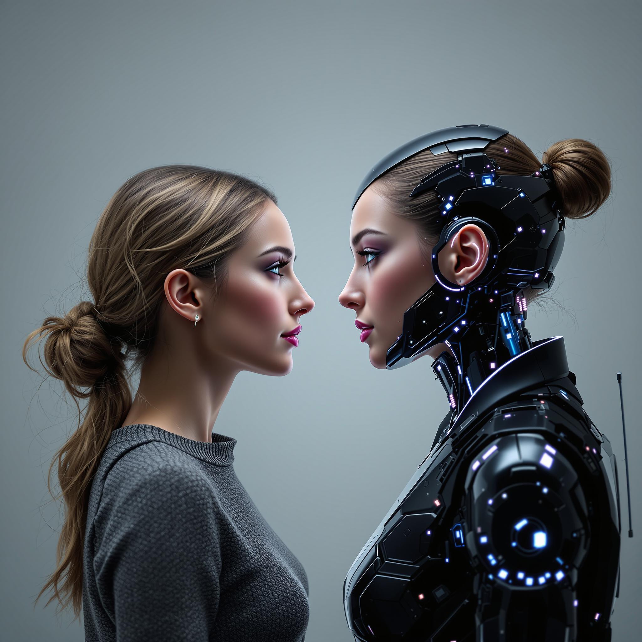 a woman standing face to face with her digital twin. the woman on the left looks completely normal. The digital twin on the right looks futuristic 